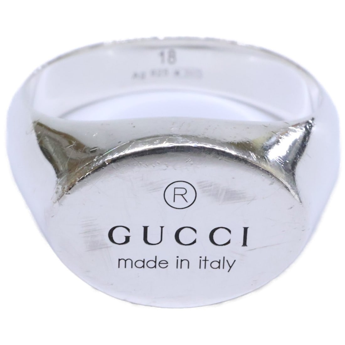 GUCCI Ag925 Trademark Oval Ring, Size 18, Silver, Men's: --- Catalog ---Category: SizeJP Size: 17US Size: 8.5Category: DesignType: Band ringColor: SilverGender: MenMaterial: Silver 925Category: GeneralBrand: Gucci--- Item List ---Section: ConditionRanking: 