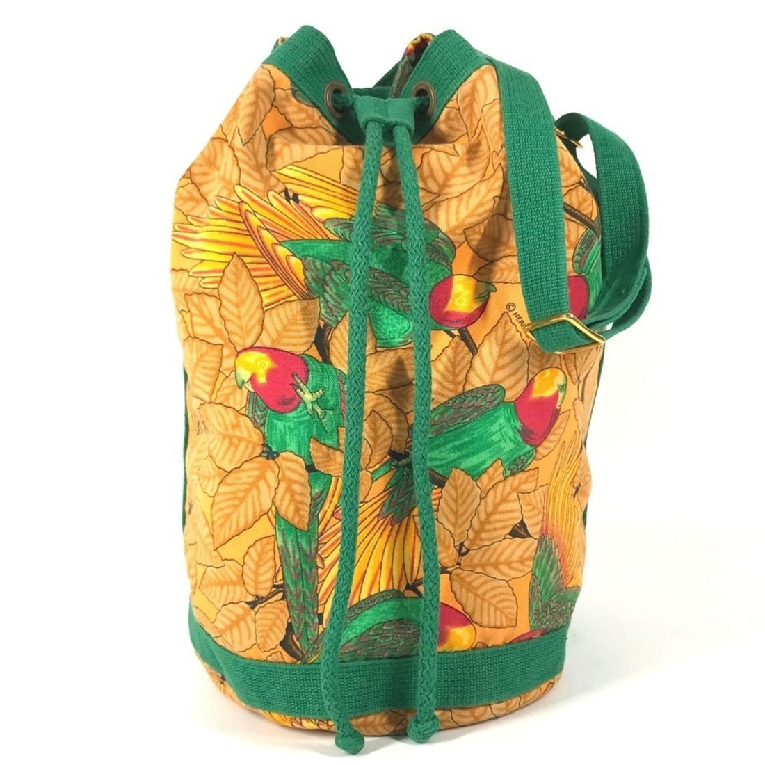 HERMES Vintage Bird Pattern Shoulder Bag, Drawstring Cotton, Men's/Women's, Green: --- Catalog ---Category: SizeSize (HxWxD): 35.5cm x 24cm x 24cm / 13.97'' x 9.44'' x 9.44''Category: DesignType: Shoulder bagColor: Green, YellowGender: Men,WomenMaterial: Cotton Category: GeneralBran