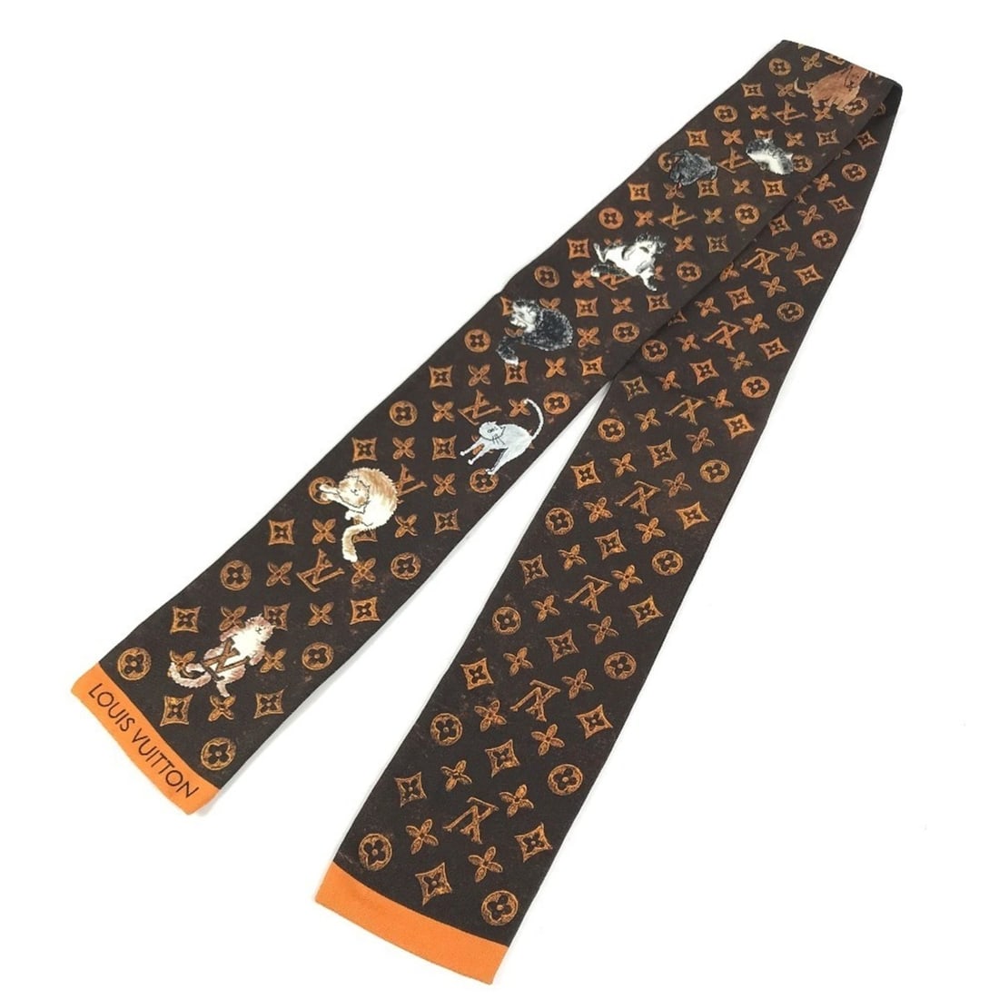 LOUIS VUITTON MP2268 Bandeau Catgram Cat Scarf Muffler Silk Women's Brown: --- Catalog ---Category: SizeSize (LxW): 1.18m x 8cm / 46.45'' x 3.14''Category: DesignType: ScarfColor: BrownGender: WomenMaterial: Silk Category: GeneralBrand: Louis Vuitton--- Item List ---Section: