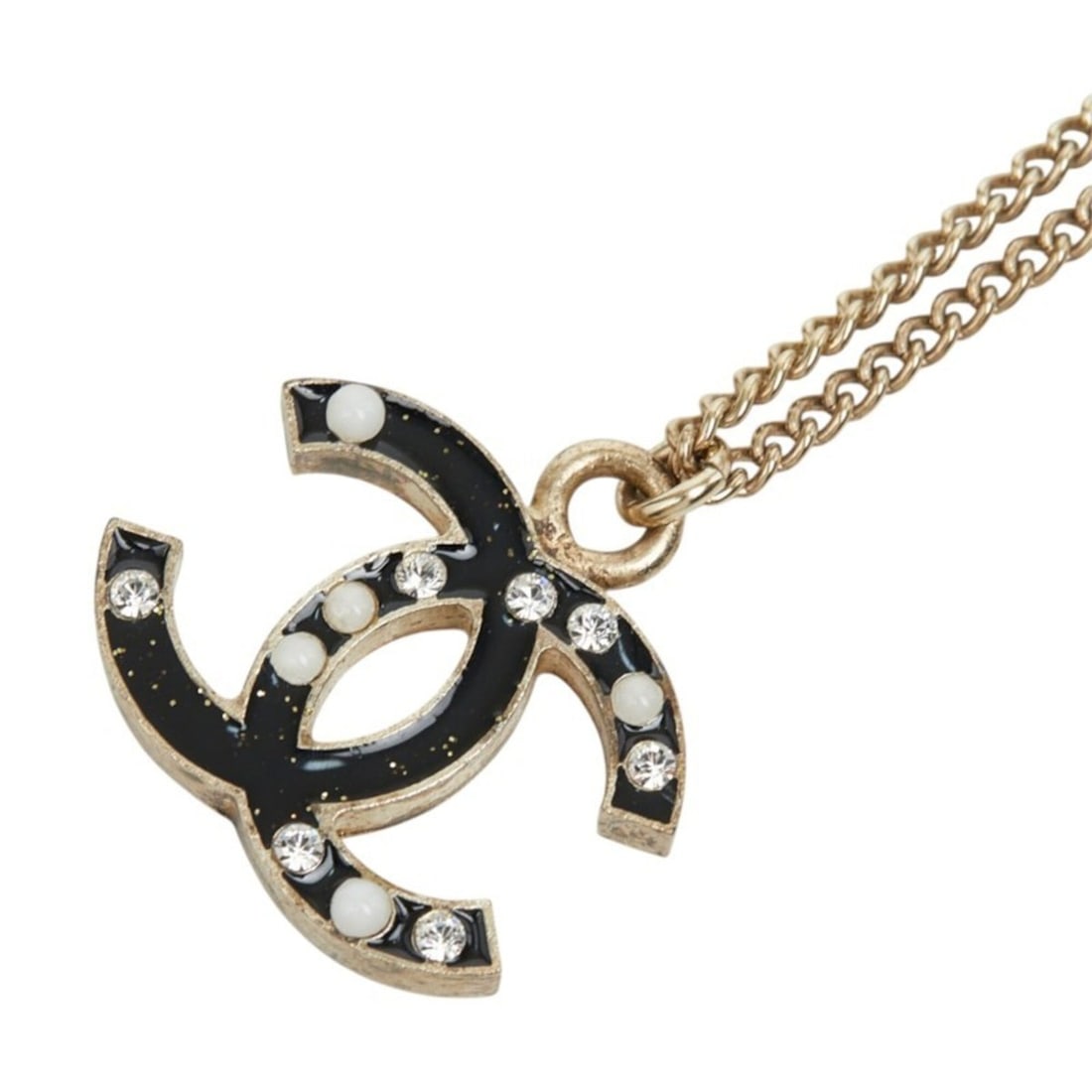Chanel Coco Mark Chain Pendant Necklace, 07A stamp, Black Gold Plated, Faux Pearl Rhinestone,: --- Catalog ---Category: SizePendant Size: 20mm x 20.8mm / 0.78'' x 0.81''Neck Circumference: 43.5 cm / 17.12''Category: DesignColor: Black, GoldGender: WomenMaterial: RhinestoneNecklace Type: Necklac