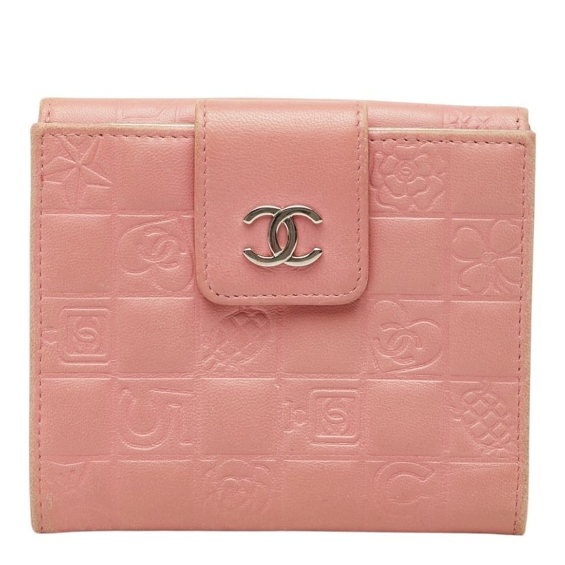 Chanel Icon Line Coco Mark Double Snap Bi-fold Wallet Compact A24212 Pink Silver Lambskin Women's: --- Catalog ---Category: SizeSize (HxWxD): 10.5cm x 12cm x 2cm / 4.13'' x 4.72'' x 0.78''Category: DesignType: Wallet (bi-fold)Color: Pink, SilverGender: WomenMaterial: Leather Leather/Fur Type: Lambs
