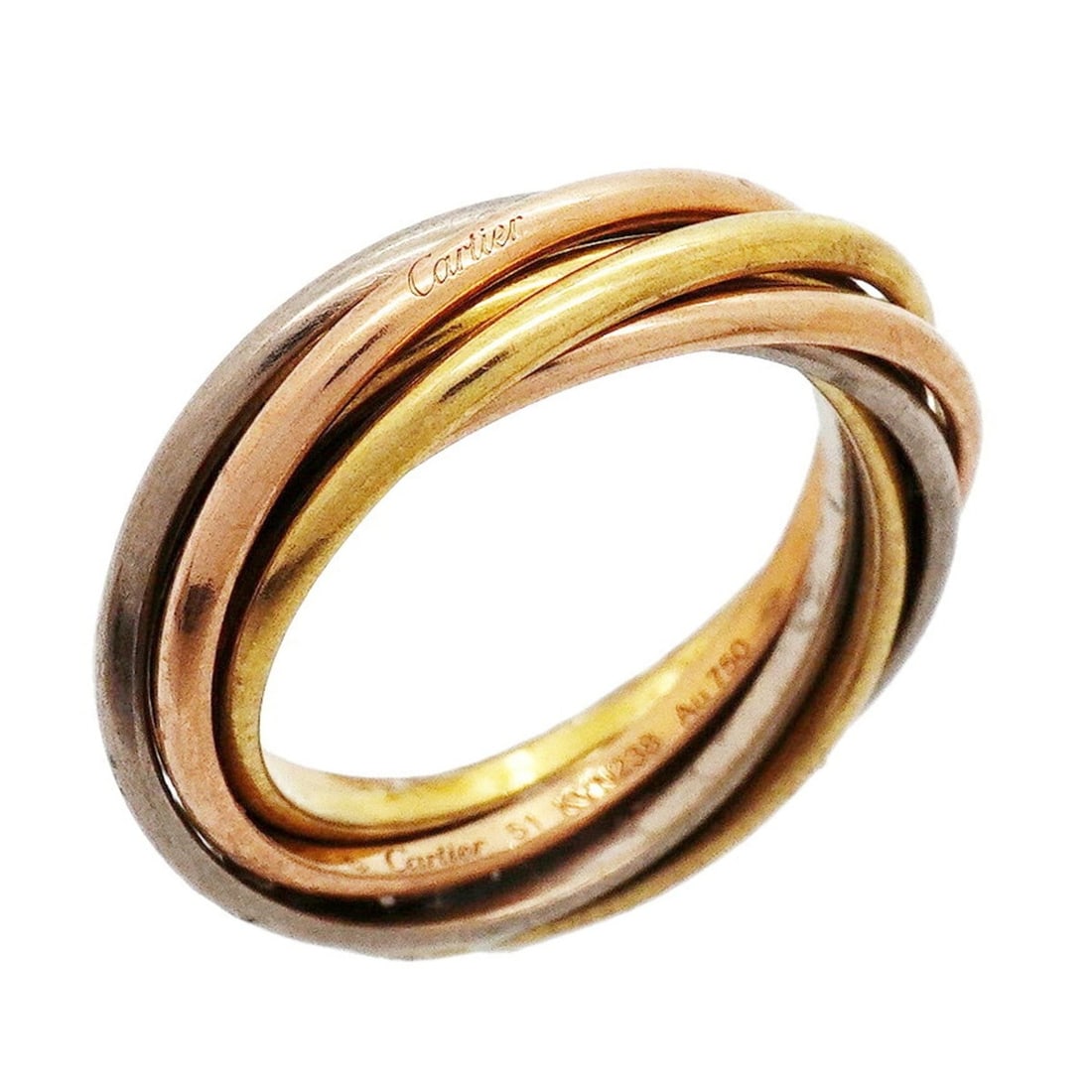 Cartier Trinity Ring, 7-band, 18K Yellow Gold (KYG), White (18KWG), Pink (18KPG), Size #51, Ladies': --- Catalog ---Category: SizeUS Size: 6Brand Size: 51Category: DesignType: Band ringGender: WomenMaterial: Pink gold (18K), White gold (18K), Yellow gold (18K)Category: GeneralBrand: Cartier--- Item L