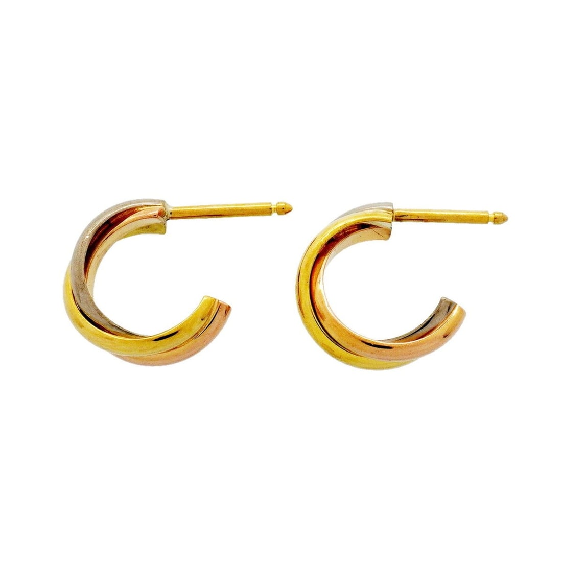 Cartier Trinity Earrings, available in 18K Yellow Gold (KYG), White (18KWG), and Pink (18KPG) for: --- Catalog ---Category: SizeSize (HxWxD): 12.60mm x 4.50mm / 0.50'' x 0.18''Category: DesignType: Stud earringsGender: WomenMaterial: Pink gold (18K), White gold (18K), Yellow gold (18K)Category: Gen
