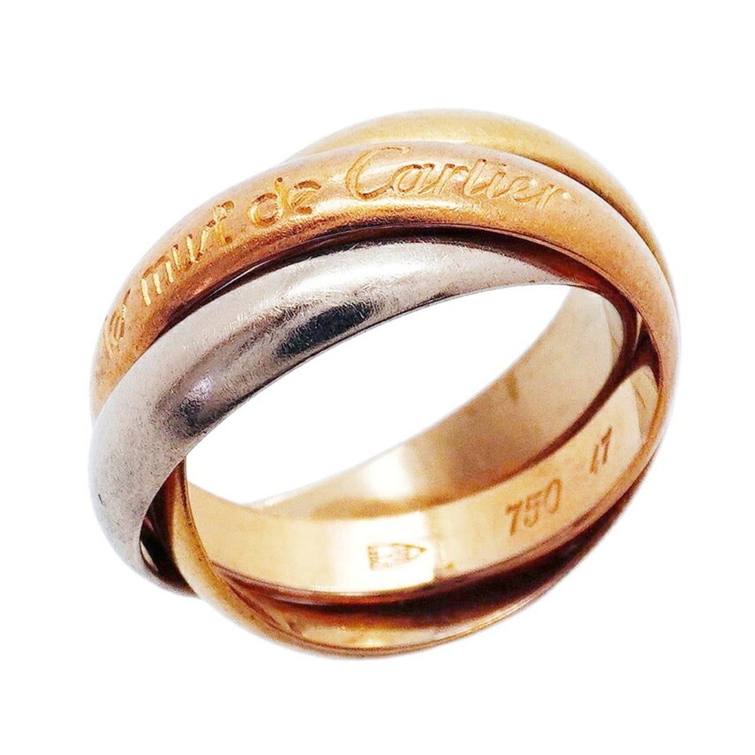 Cartier Trinity Classic Ring, available in 18K Yellow Gold (KYG), White (18KWG), and Pink (18KPG),: --- Catalog ---Category: SizeUS Size: 4Brand Size: 47Category: DesignType: Band ringGender: WomenMaterial: Pink gold (18K), White gold (18K), Yellow gold (18K)Category: GeneralBrand: Cartier--- Item L