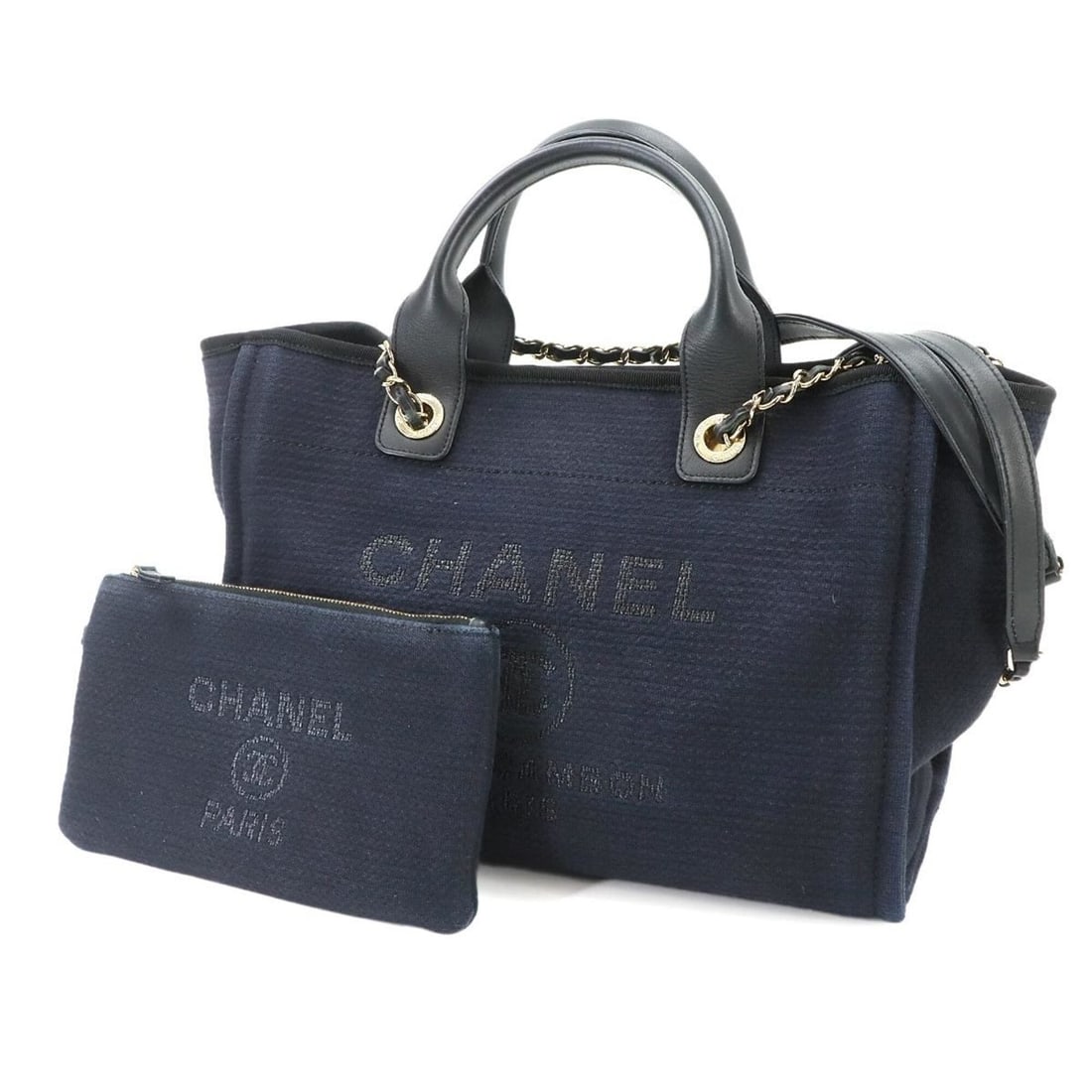 Chanel Deauville Small 2-way Tote Chain Shoulder Handbag Canvas Leather Navy AS3257 Bag: --- Catalog ---Category: SizeWeight: 875g / 1.92lb.Size (HxWxD): 24cm x 41cm x 15cm / 9.44'' x 16.14'' x 5.9''Strap Length: 73cm / 28.74''Handle Length: 28cm / 11.02''Category: DesignType: Handbag, Sh