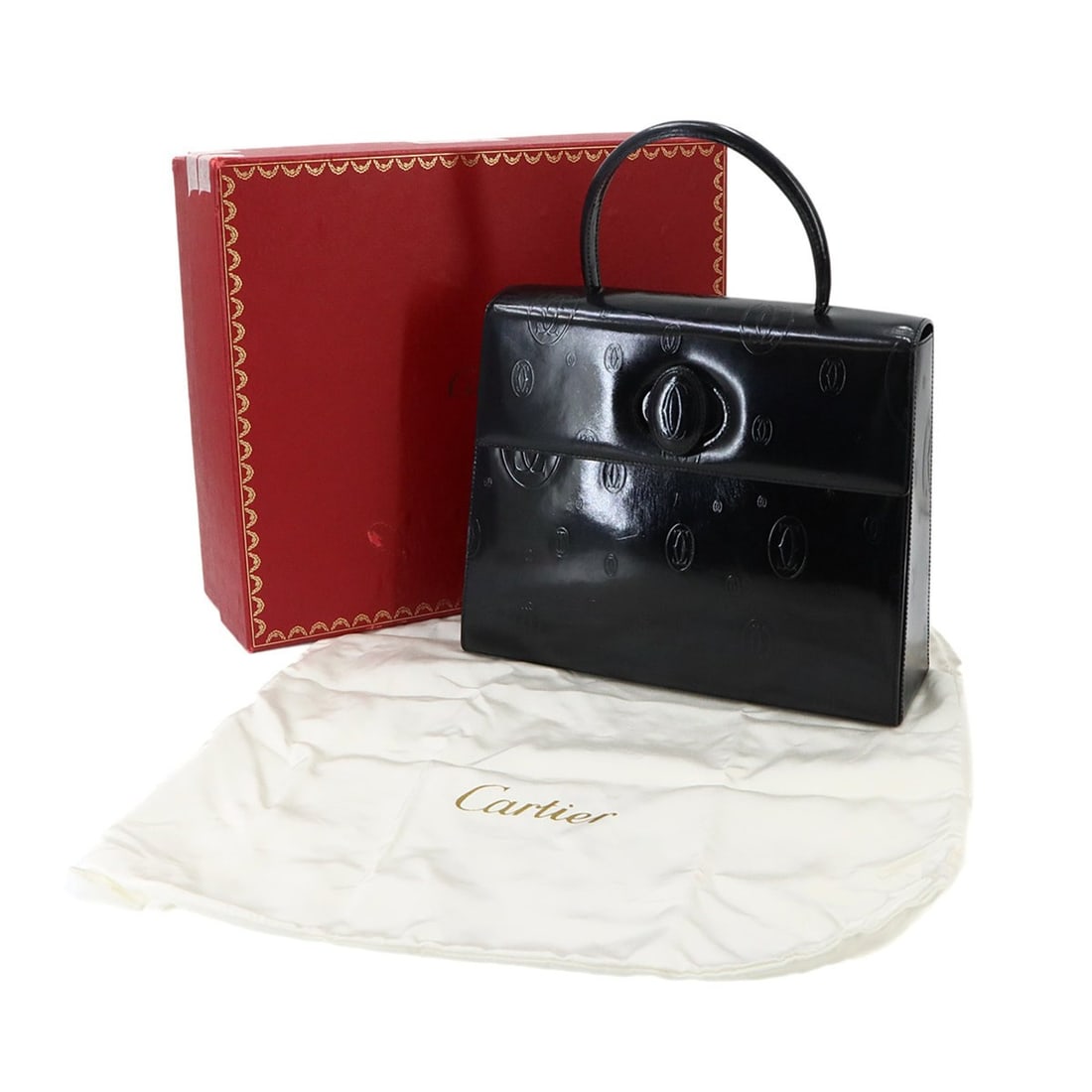 Cartier Happy Birthday Handbag, Patent Leather, Navy, Gold Hardware: --- Catalog ---Category: SizeWeight: 665g / 1.46lb.Size (HxWxD): 22cm x 28cm x 9cm / 8.66'' x 11.02'' x 3.54''Handle Length: 30cm / 11.81''Category: DesignType: HandbagColor: NavyGender: WomenMaterial
