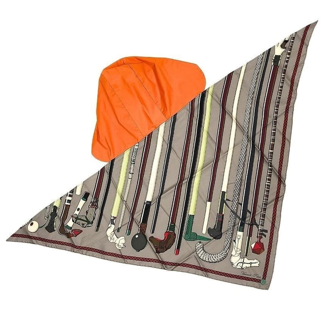 Hermes Petit H Triangle Scarf, Muffler, Carre Hood, Pointe, Les Cannes Walking Stick, Balaclava,: --- Catalog ---Category: SizeSize (LxW): 1.19m x 63cm / 46.85'' x 24.8''Category: DesignType: ScarfColor: Gray, OrangeGender: WomenMaterial: Silk Category: GeneralBrand: Hermes--- Item List ---Section