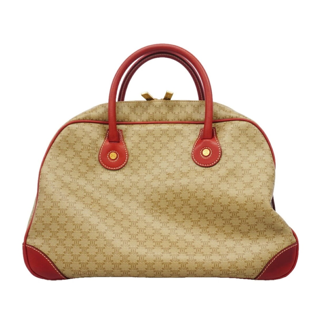 Celine Macadam handbag, beige and red, for women.: --- Catalog ---Category: SizeSize (HxWxD): 22.5cm x 34cm x 14cm / 8.85'' x 13.38'' x 5.51''Category: DesignType: HandbagColor: Beige, Red colorGender: WomenMaterial: PVC Hardware Color: GoldCategory: 