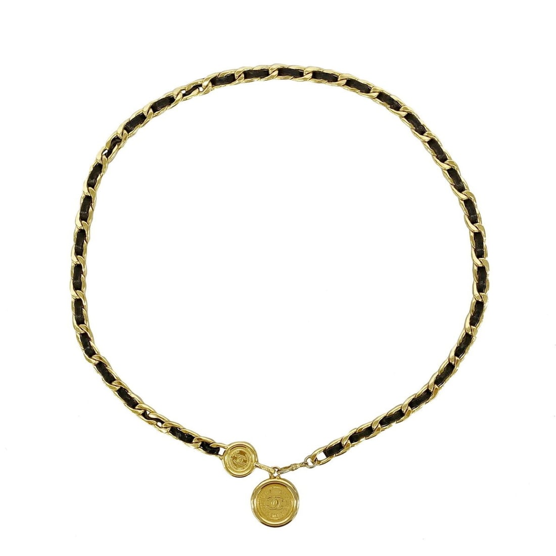Chanel Leather Belt, Gold and Black, Women's: --- Catalog ---Category: SizeLength: 88cm / 34.64''Category: DesignType: Chain beltColor: Black, GoldGender: WomenMaterial (Strap): Leather Category: GeneralBrand: Chanel--- Item List ---Section: Cond