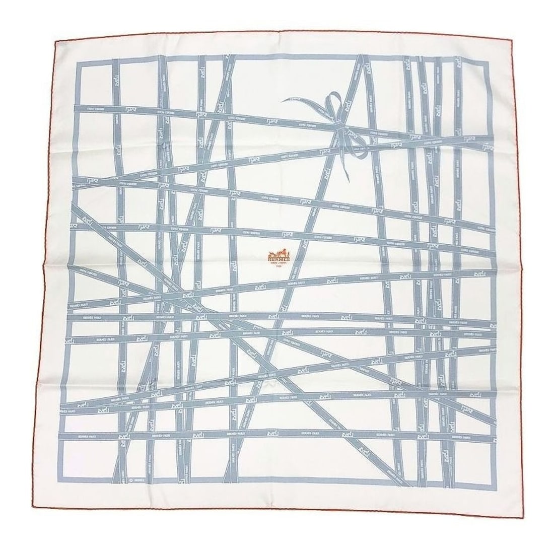 HERMES Carre 90 Scarf/Muffler, Bolduc, Ribbon Pattern, White, 100% Silk: --- Catalog ---Category: SizeSize (LxW): 90cm x 90cm / 35.43'' x 35.43''Category: DesignType: ScarfColor: Gray, Off-white, Orange, WhiteGender: WomenMaterial: Silk Category: GeneralBrand: Hermes--- It