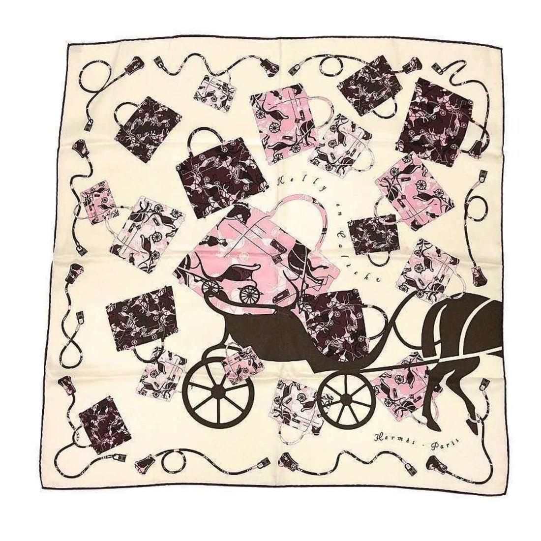 HERMES scarf/muffler, Carre 70 Kelly en Caleche, featuring Kelly's carriage and horse pattern, comes: --- Catalog ---Category: SizeSize (LxW): 67cm x 67cm / 26.37'' x 26.37''Category: DesignType: ScarfColor: Beige, Pink, Red colorGender: WomenMaterial: Silk Category: GeneralBrand: HermesCountry of Ori