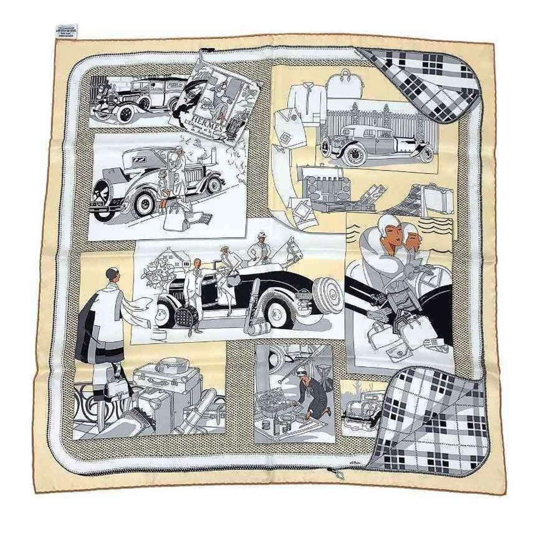 HERMES scarf/muffler, Carre 70, "Comfort in the Car," silk, cream yellow.: --- Catalog ---Category: SizeSize (LxW): 67cm x 67cm / 26.37'' x 26.37''Category: DesignType: ScarfColor: Cream, YellowGender: WomenMaterial: Silk Category: GeneralBrand: HermesCountry of Origin: Fran