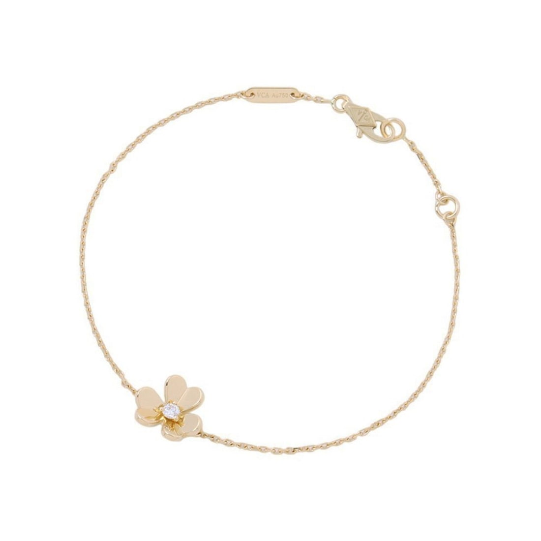 Van Cleef & Arpels Frivole Mini Bracelet, 1 Diamond (0.05ct), 18K Yellow Gold (VCARPJMM00): --- Catalog ---Category: SizeLength: 17cm / 6.69''Category: DesignType: Charm braceletGender: WomenMaterial: Yellow gold (18K)Category: GeneralBrand: Van Cleef & Arpels--- Item List ---Section: Condit