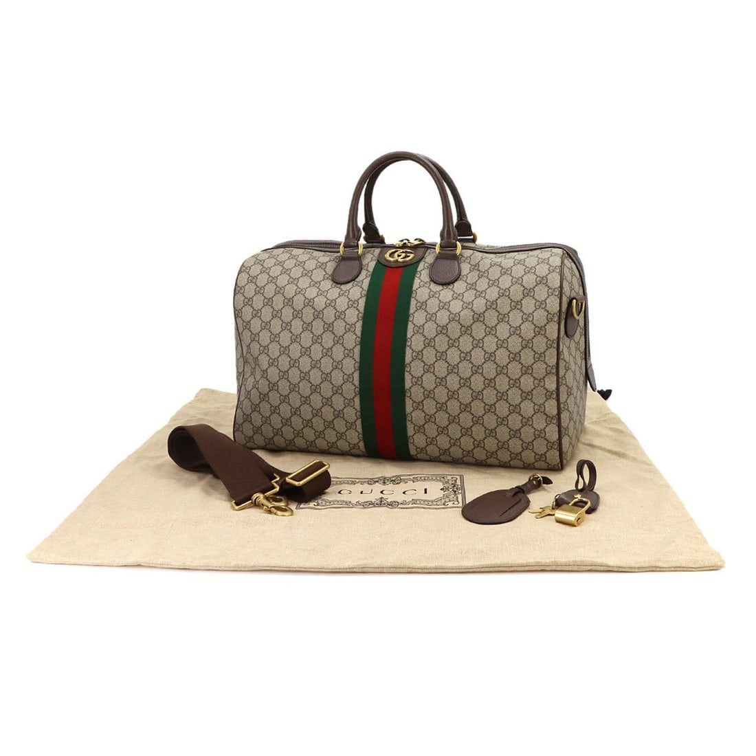 Gucci Ophidia GG Medium Duffle Bag, 2-way Boston Shoulder Handbag, Supreme, Beige Brown, 547953: --- Catalog ---Category: SizeWeight: 1.76kg / 3.86lb.Size (HxWxD): 27.5cm x 45cm x 24cm / 10.82'' x 17.71'' x 9.44''Strap Length: 145.5cm / 57.28''Handle Length: 32cm / 12.59''Category: DesignType: Bo