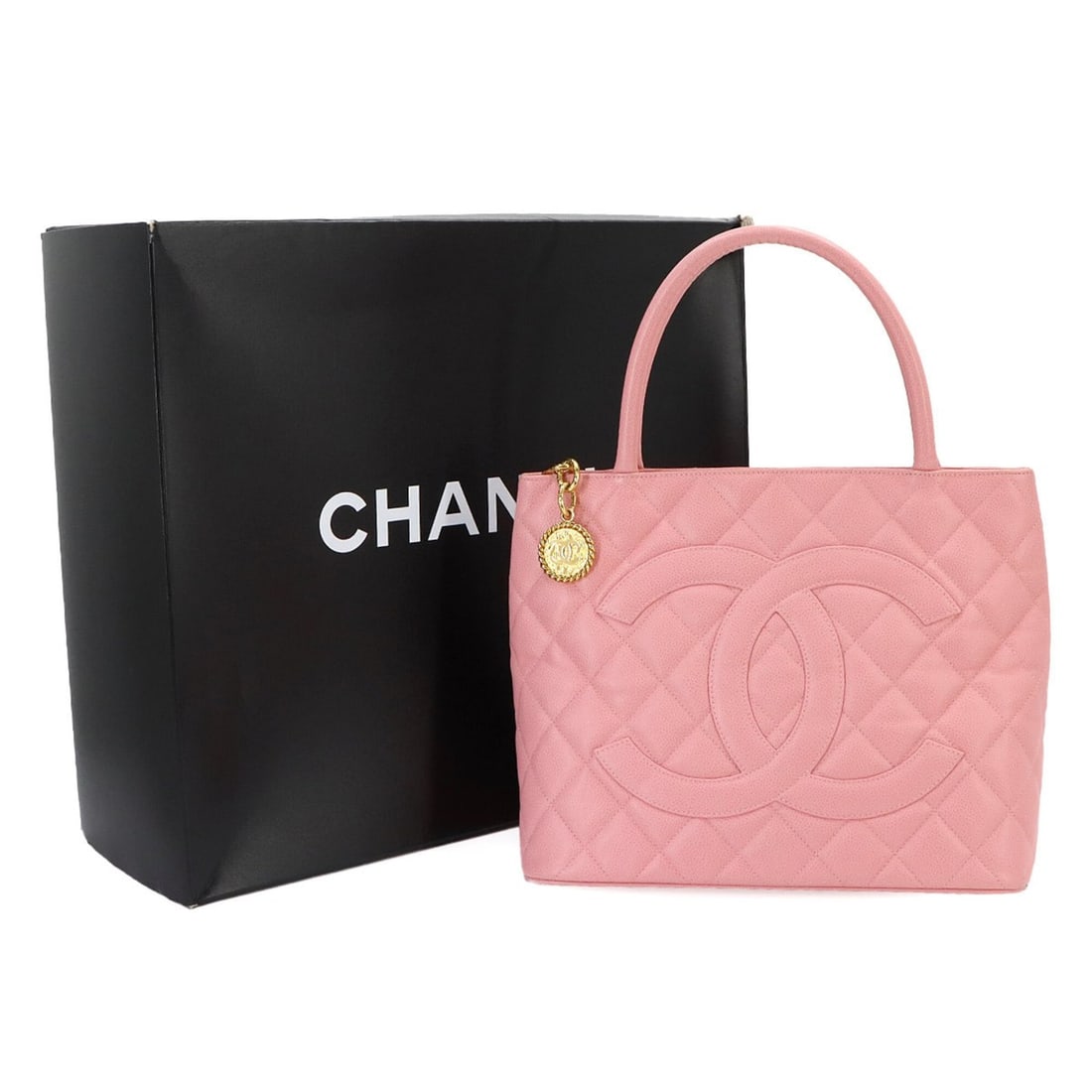 Chanel Medallion Tote Bag, a reissue of classic design, made caviar leather in pink (A01804) with: --- Catalog ---Category: SizeWeight: 680g / 1.49lb.Size (HxWxD): 24.5cm x 30cm x 15cm / 9.64'' x 11.81'' x 5.9''Handle Length: 38cm / 14.96''Category: DesignType: Handbag, Tote bagColor: PinkGender: W