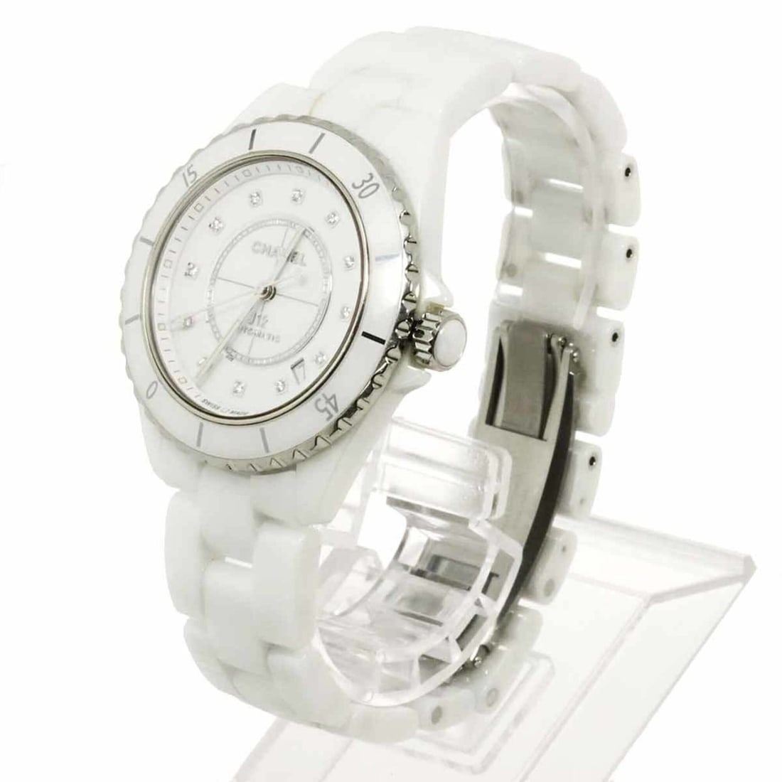 Chanel J12 38mm H5705 12P Diamond Men's Watch, Date, White Ceramic, Automatic Movement: --- Catalog ---Category: SizeWrist Size: 18cm / 7.08''Case Diameter: 39mm / 1.54''Category: DesignType: WristwatchGender: MenColor (Dial): WhiteMaterial (Band): Ceramic, Stainless steelMaterial (Case)