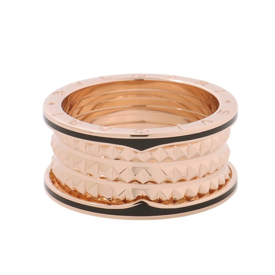 Bvlgari Bulgari B-zero1 Rock 4-band ring in 18K rose gold and black ceramic, size 58, AN859089.: --- Catalog ---Category: SizeUS Size: 12.5Brand Size: 66Category: DesignType: Band ringGender: Women,MenMaterial: Ceramic, Pink gold (18K)Category: GeneralBrand: Bvlgari--- Item List ---Section: Condi