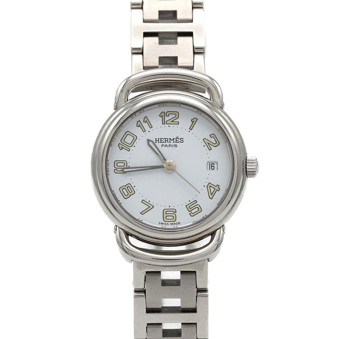 Hermes Pullman PU2.210 SS Quartz Watch: --- Catalog ---Category: SizeWrist Size: 13cm / 5.11''Case Diameter: 25mm / 0.98''Category: DesignType: WristwatchGender: WomenColor (Dial): WhiteMaterial (Band): Stainless steelMaterial (Case):