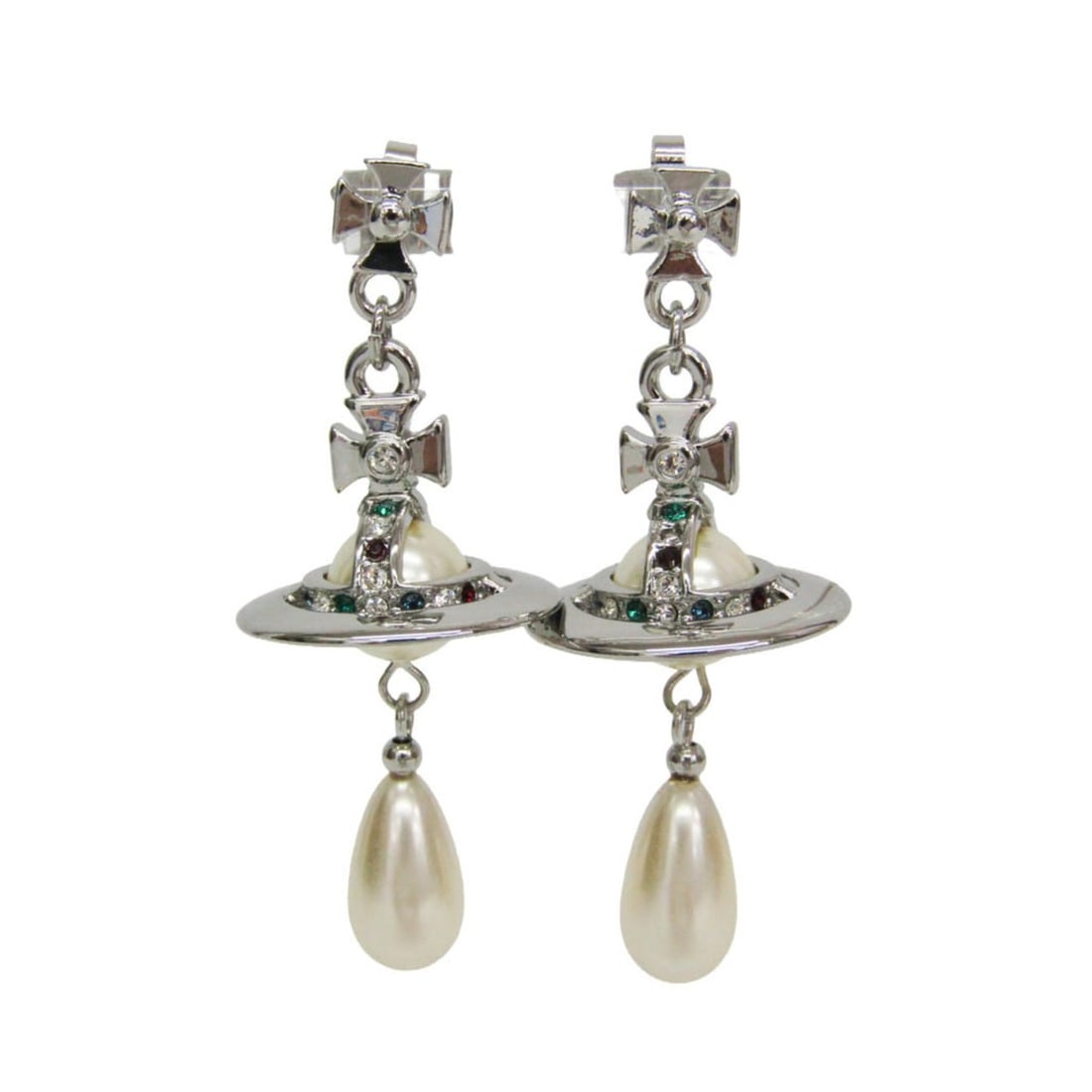 Vivienne Westwood Orb Pearl Drop Rhinestone Metal Stud Earrings Silver: --- Catalog ---Category: SizeWeight: 18.3g / 0.64oz.Size (HxWxD): 58.00mm x 23.00mm / 2.28'' x 0.91''Category: DesignType: Stud earringsColor: SilverMetal: SilverStone: RhinestoneStyle: