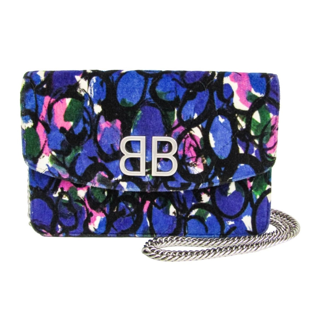 Balenciaga Flower Quilting 561507 Women's Velvet Chain/Shoulder Wallet Blue,Pink,Purple: --- Catalog ---Category: SizeSize (HxWxD): 13cm x 19.5cm x 3.5cm / 5.11'' x 7.67'' x 1.37''Strap / Chain Length: 1.14m / 45.27''Category: DesignType: Chain/Shoulder walletColor: Blue, Pink,
