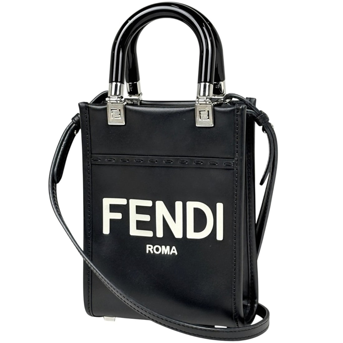 Fendi Sunshine Shopper Mini Handbag, 2-Way, Leather, Black, 8BS051, Women's: --- Catalog ---Category: SizeSize (HxWxD): 17cm x 13cm x 6cm / 6.69'' x 5.11'' x 2.36''Category: DesignType: HandbagColor: BlackGender: WomenMaterial: Leather Category: GeneralBrand: Fendi--- Item Lis
