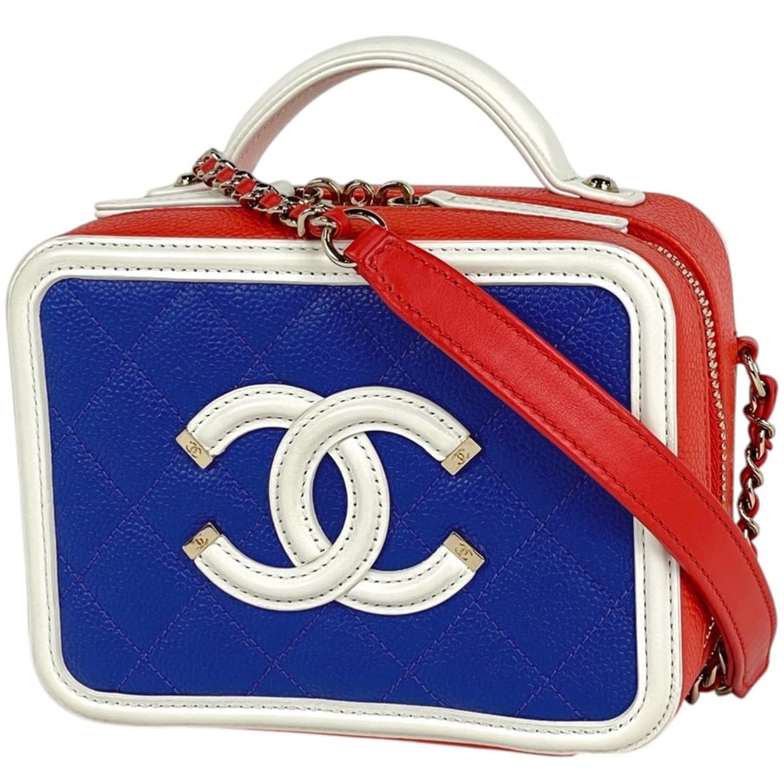 Chanel Coco Mark Chain Shoulder Bag, Matelassé Vanity CC Filigree Caviar Skin, Blue, White, Red,: --- Catalog ---Category: SizeStrap Drop: 60cm / 23.62''Size (HxWxD): 12cm x 16.5cm x 8cm / 4.72'' x 6.49'' x 3.14''Category: DesignType: Shoulder bag, Vanity bagColor: Blue, Red color, WhiteGender: Wo