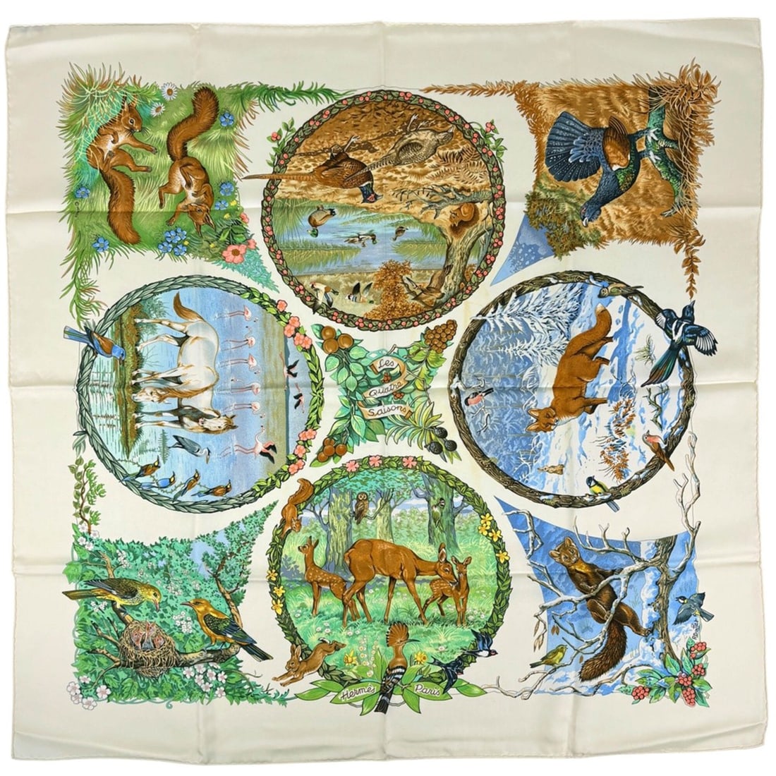 Hermes Carre 90 Les Quatre Saisons Scarf/Muffler, Four Seasons, Silk, Yellow Multicolor, Women's: --- Catalog ---Category: SizeSize (LxW): 87.5cm x 89cm / 34.44'' x 35.03''Category: DesignType: ScarfColor: Multi-color, YellowGender: WomenMaterial: Silk Category: GeneralBrand: Hermes--- Item List -