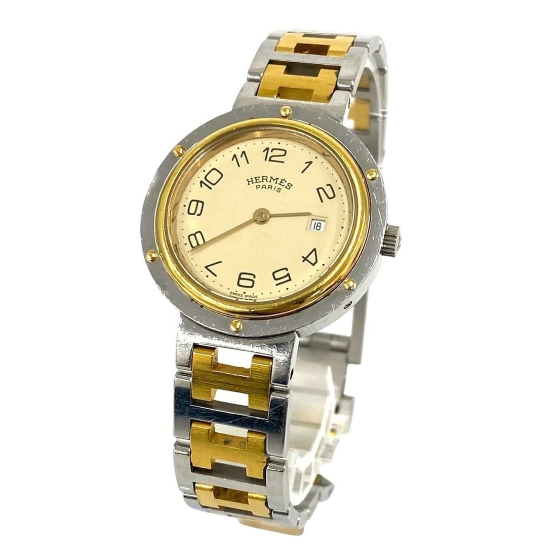 HERMES Clipper Stainless Steel GP Quartz Wristwatch, Silver/Gold, 20738: --- Catalog ---Category: SizeWrist Size: 19.5cm / 7.67''Case Diameter: 30mm / 1.18''Category: DesignType: WristwatchGender: WomenMaterial (Band): Gold plated, Stainless steelMaterial (Case): Gold plat