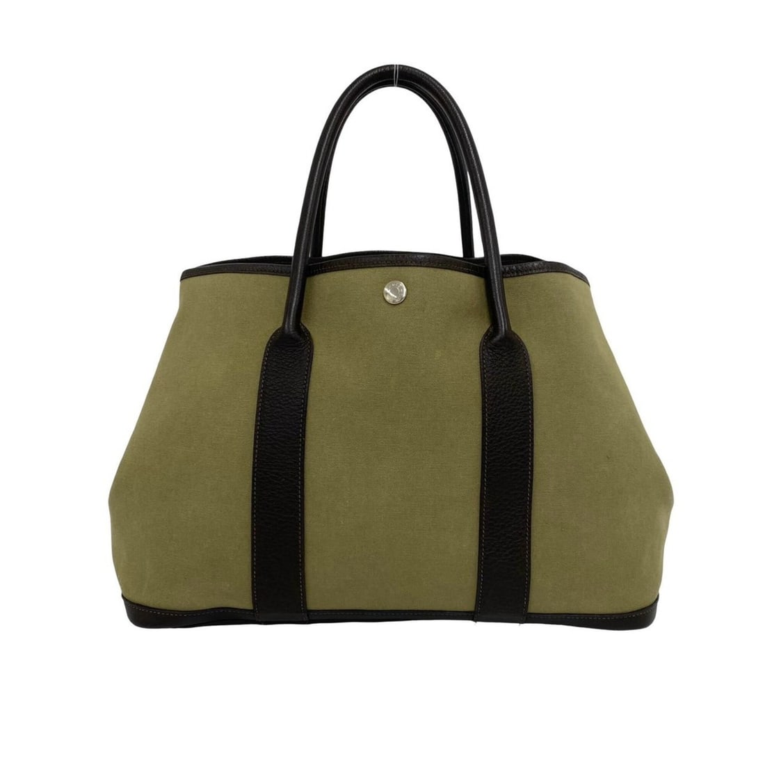 HERMES Garden Party PM Toile Officier Buffle Handbag Tote Bag Khaki Nicotine 28509: --- Catalog ---Category: SizeSize (HxWxD): 24cm x 36cm x 18cm / 9.44'' x 14.17'' x 7.08''Category: DesignType: Handbag, Tote bagColor: Brown, KhakiGender: WomenMaterial: Toile officier , Buffalo leath