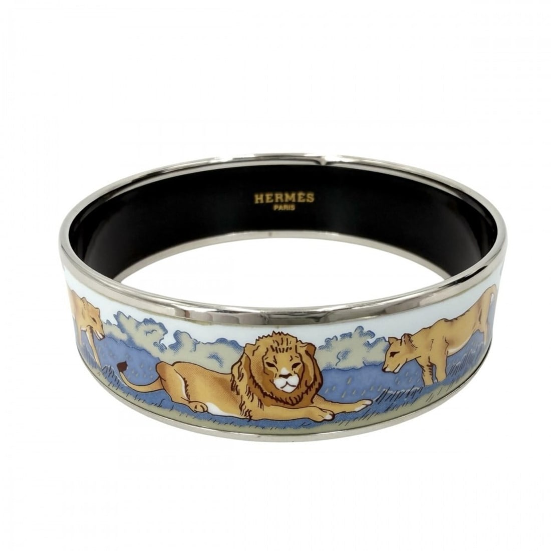 Hermes Bangle for Women, Emaille GM, Accessory Bracelet, Lion Design, cloisonné enamel, Blue/Black,: --- Catalog ---Category: SizeWidth: 1.8cm / 0.7''Length: 19cm / 7.48''Weight: 33.5g / 1.18oz.Diameter: 6.2cm / 2.44''Category: DesignType: BangleColor: Black, BlueGender: WomenMaterial: Cloisonné/ena