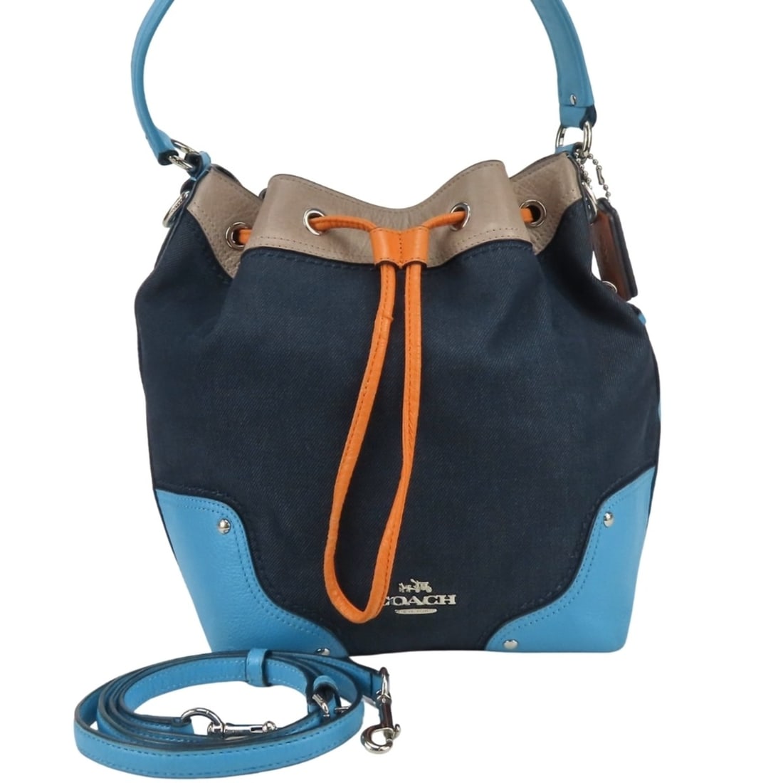 Coach Shoulder Bag F37643 Denim Leather Indigo Blue Orange Greige 2-Way Crossbody Drawstring for: --- Catalog ---Category: SizeSize (HxWxD): 27cm x 35cm x 14cm / 10.62'' x 13.77'' x 5.51''Category: DesignType: Shoulder bagColor: Blue, Grayish, OrangeGender: WomenMaterial: Denim , Leather Category: