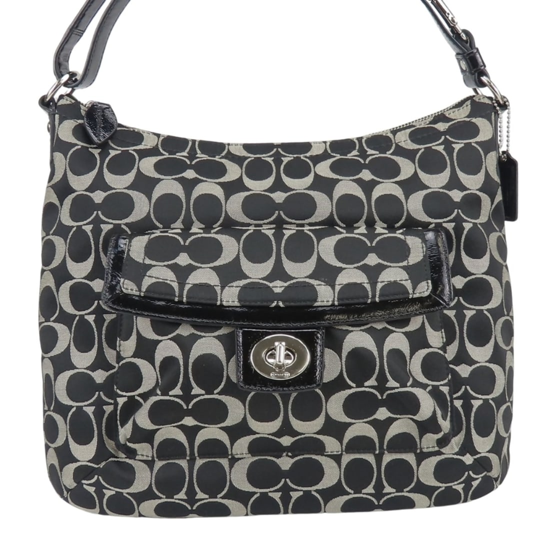 Coach Signature Shoulder Bag F19232 Canvas Patent Leather Black Gray for Women COACH: --- Catalog ---Category: SizeSize (HxWxD): 28cm x 34cm x 5cm / 11.02'' x 13.38'' x 1.96''Category: DesignType: Shoulder bagColor: Black, GrayGender: WomenMaterial: Canvas , Patent leather Category: Ge