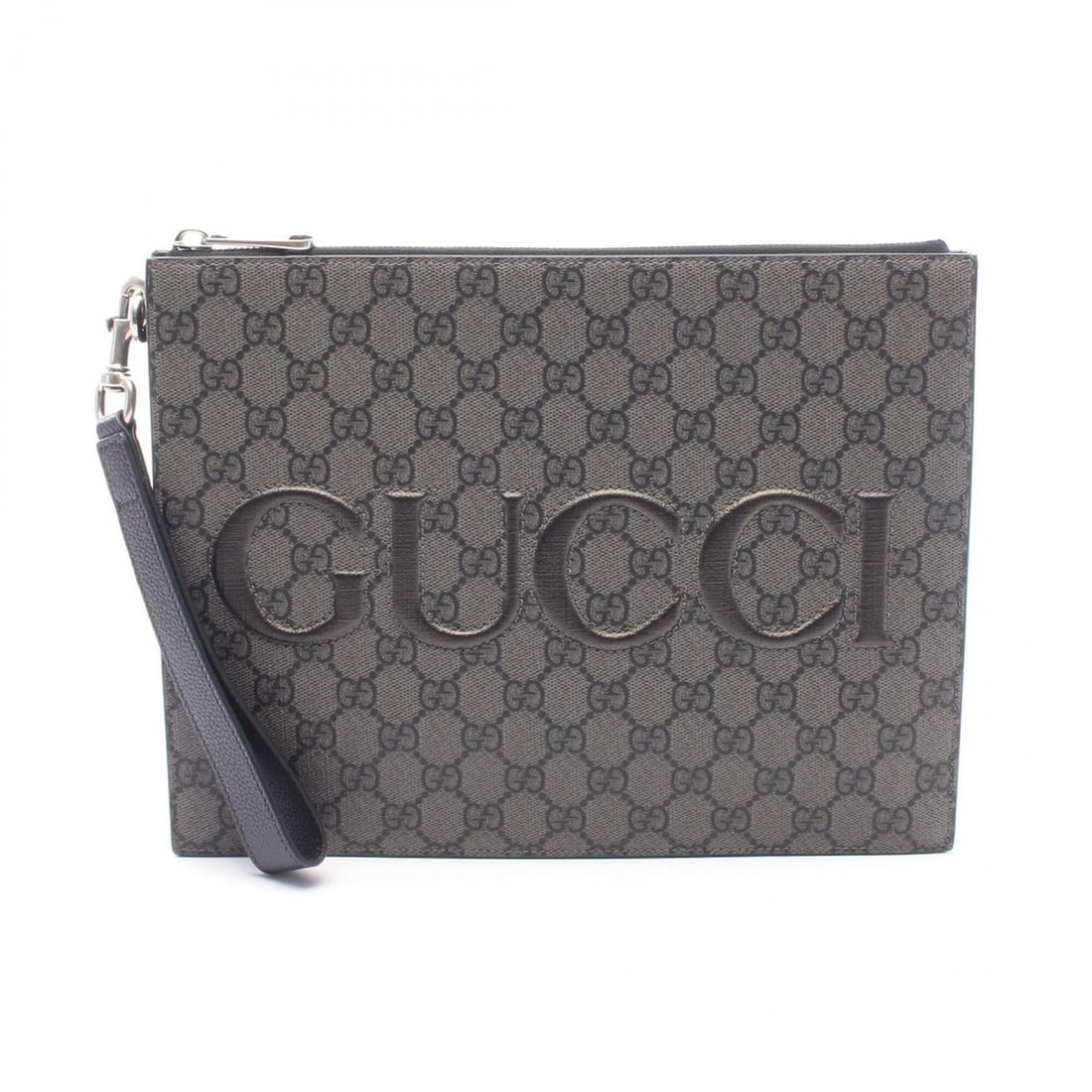 Gucci GG Supreme Clutch Bag/Handbag, Coated Canvas and Leather, Men's, Gray/Black, 768374: --- Catalog ---Category: SizeSize (HxWxD): 22cm x 28cm x 3cm / 8.66'' x 11.02'' x 1.18''Category: DesignType: Clutch bag, HandbagColor: Black, GrayGender: MenMaterial: PVC , Coated canvas , Leather Ca
