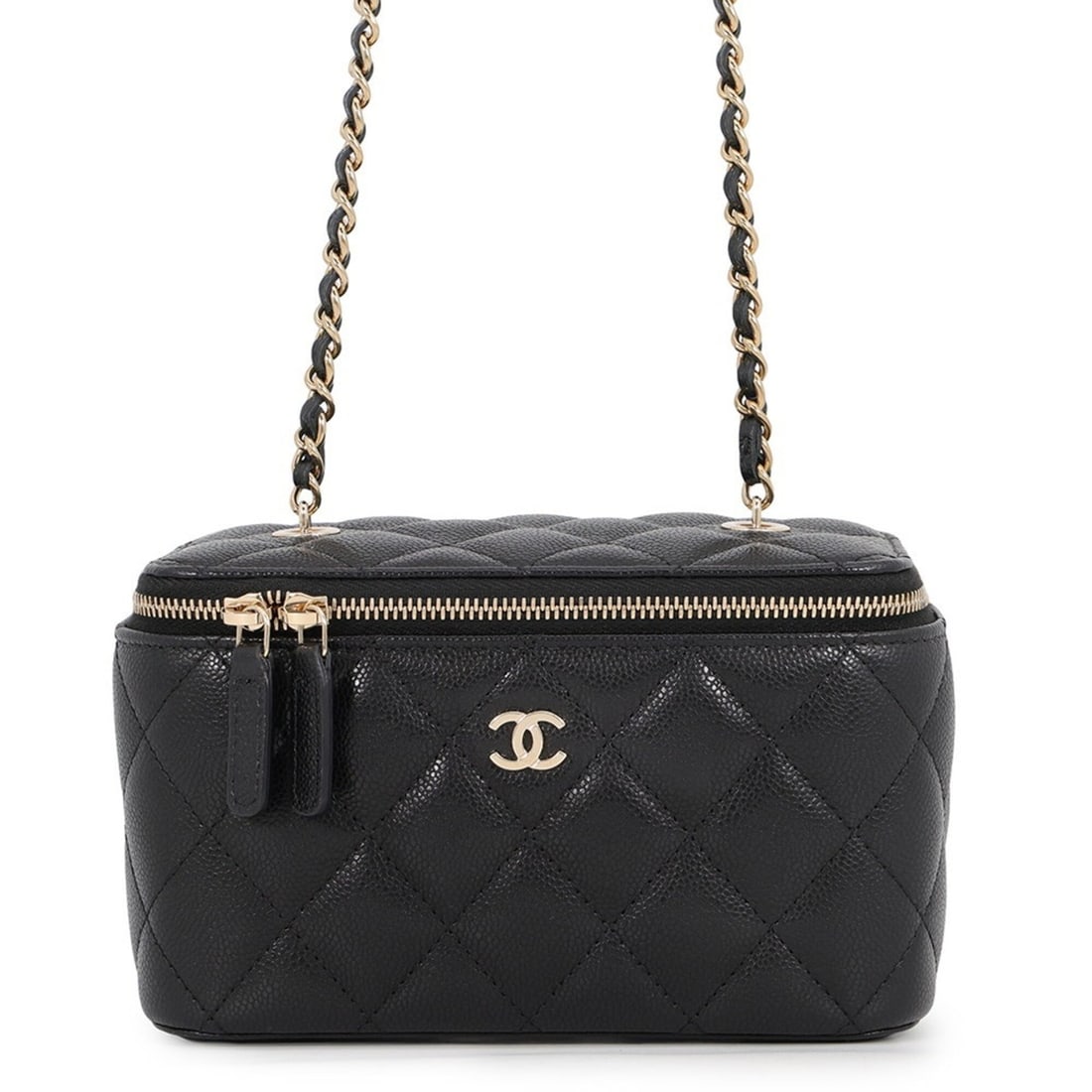 Chanel Chain Shoulder Bag Vanity Case Coco Mark Matelassé Caviar Skin AP1341 CHANEL Handbag Quilted: --- Catalog ---Category: SizeWeight: 330g / 11.64oz.Size (HxWxD): 9.5cm x 165cm x 8cm / 3.74'' x 64.96'' x 3.14''Strap Length: 118cm / 46.45''Category: DesignType: Handbag, Shoulder bagColor: BlackGen