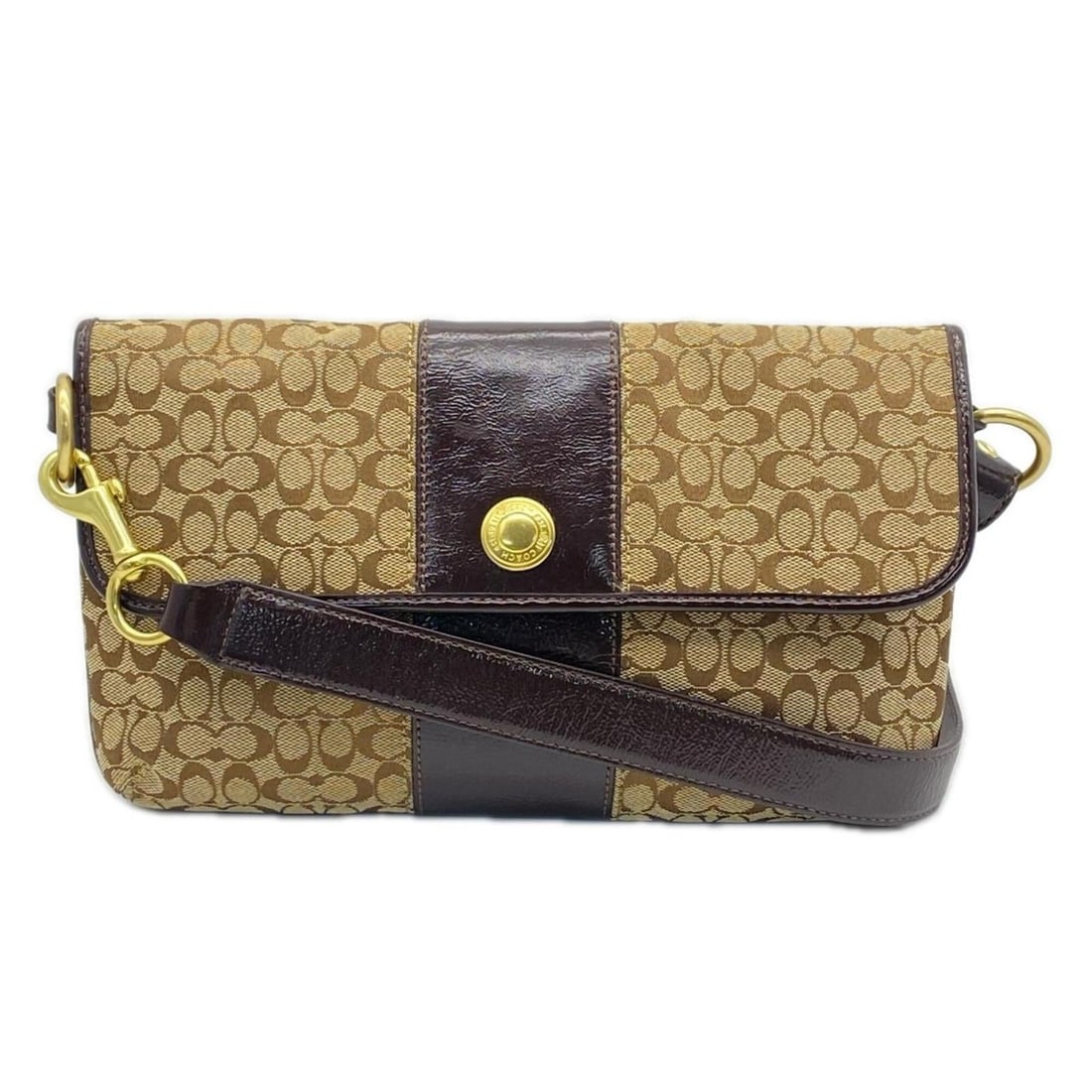 COACH Leather Mini Signature Shoulder Bag, Brown/Beige, Women's: --- Catalog ---Category: SizeWeight: 303g / 10.68oz.Size (HxWxD): 15.5cm x 27cm x 3.5cm / 6.1'' x 10.62'' x 1.37''Strap Length: 68cm / 26.77''Category: DesignType: Shoulder bagColor: Beige, BrownGende