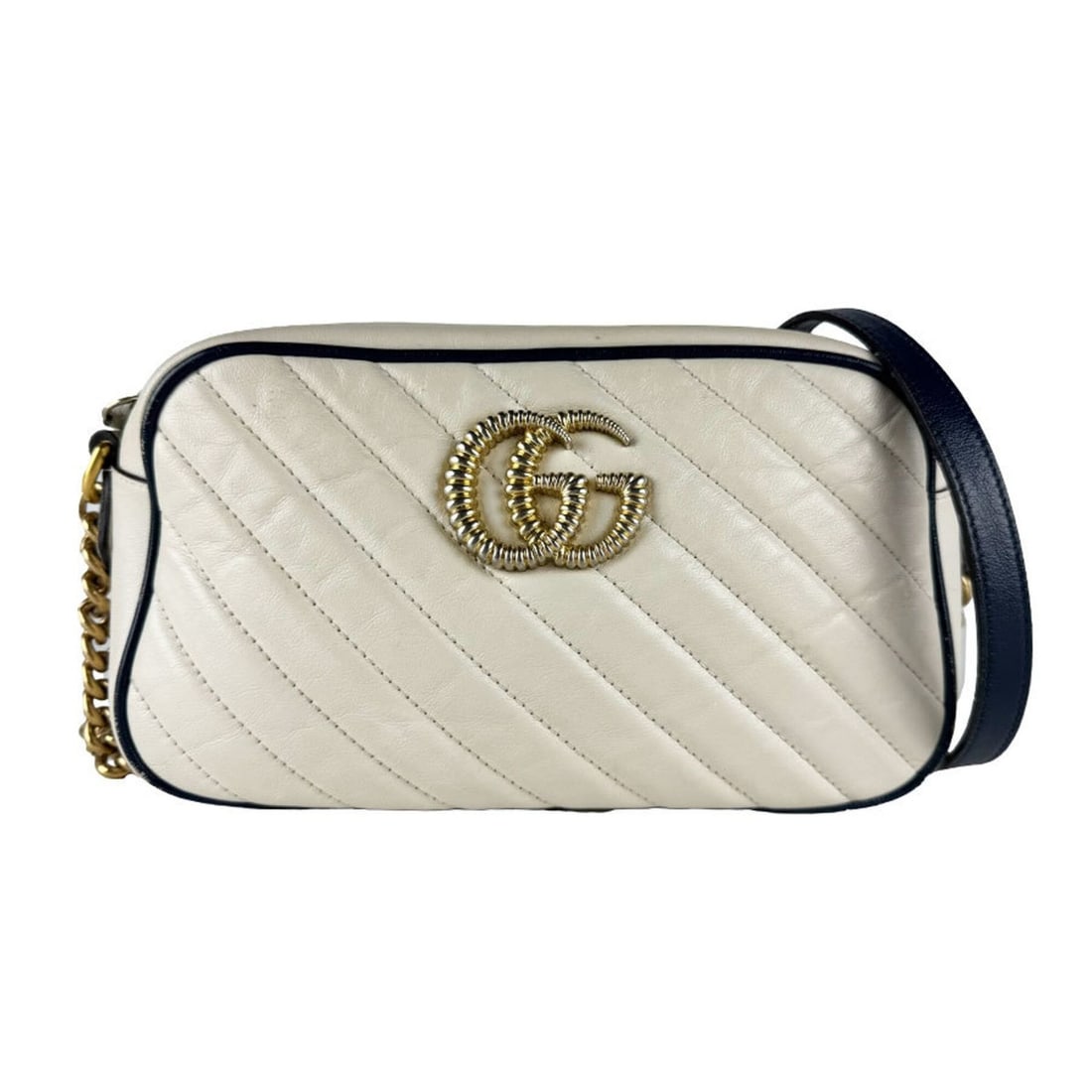 Gucci GG Marmont Shoulder Bag, Leather, Ivory/Navy, Women's, 447632 z10847: --- Catalog ---Category: SizeSize (HxWxD): 14cm x 22cm x 7cm / 5.51'' x 8.66'' x 2.75''Category: DesignType: Shoulder bagColor: Ivory, NavyGender: WomenMaterial: Leather Category: GeneralMPN: 447632Br