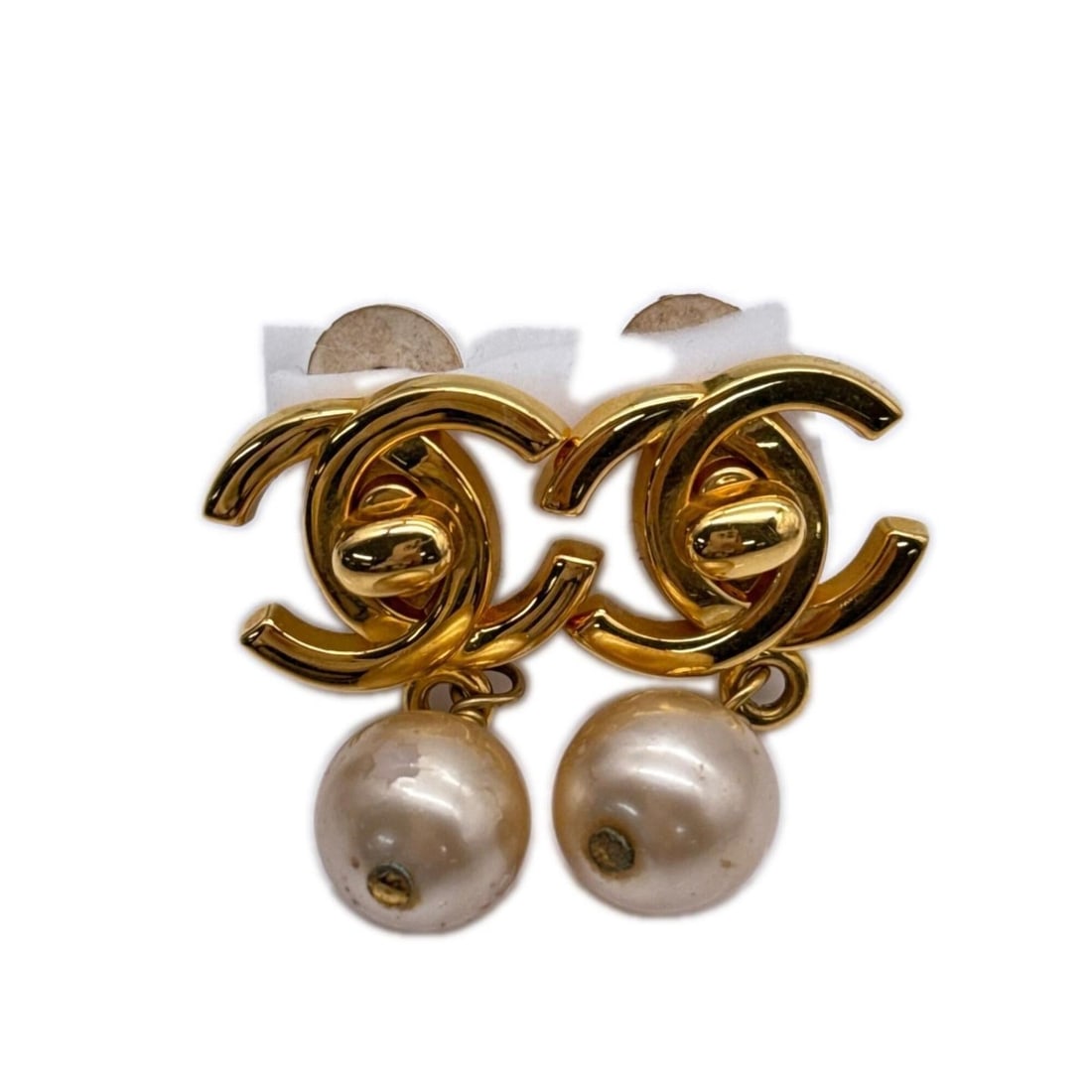 CHANEL Coco Mark Faux Pearl Earrings 96A Gold GP Women's (1 of 10)