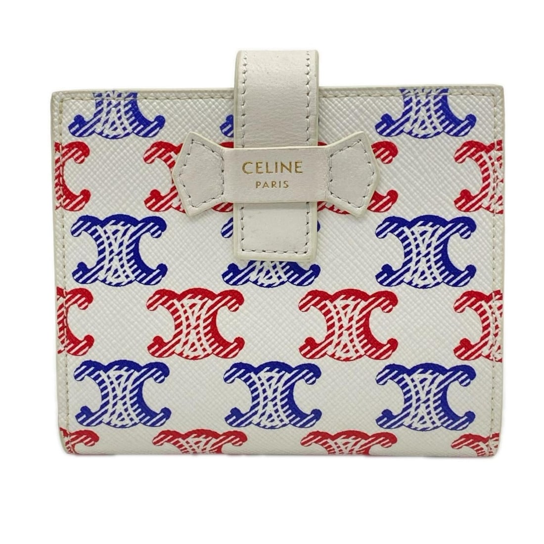 CELINE Triomphe Canvas Medium Strap Wallet 10H262DB7 Bi-fold White Blue Red Lambskin Women's: --- Catalog ---Category: SizeWeight: 101g / 3.56oz.Size (HxWxD): 8cm x 10.5cm x 2cm / 3.14'' x 4.13'' x 0.78''Category: DesignType: Wallet (bi-fold)Color: Blue, Red color, WhiteGender: WomenClosure: B