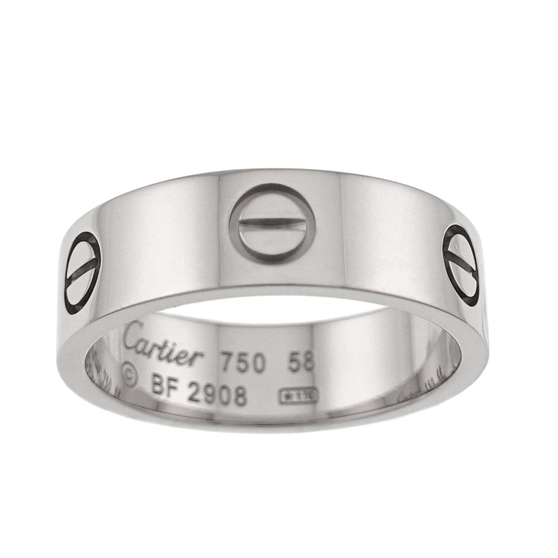 Cartier Love Ring #58, 18K WG (White Gold 750): --- Catalog ---Category: SizeUS Size: 9Brand Size: 58Category: DesignType: Band ringGender: Women,MenMaterial: White gold (18K)Category: GeneralBrand: Cartier--- Item List ---Section: ConditionRanking