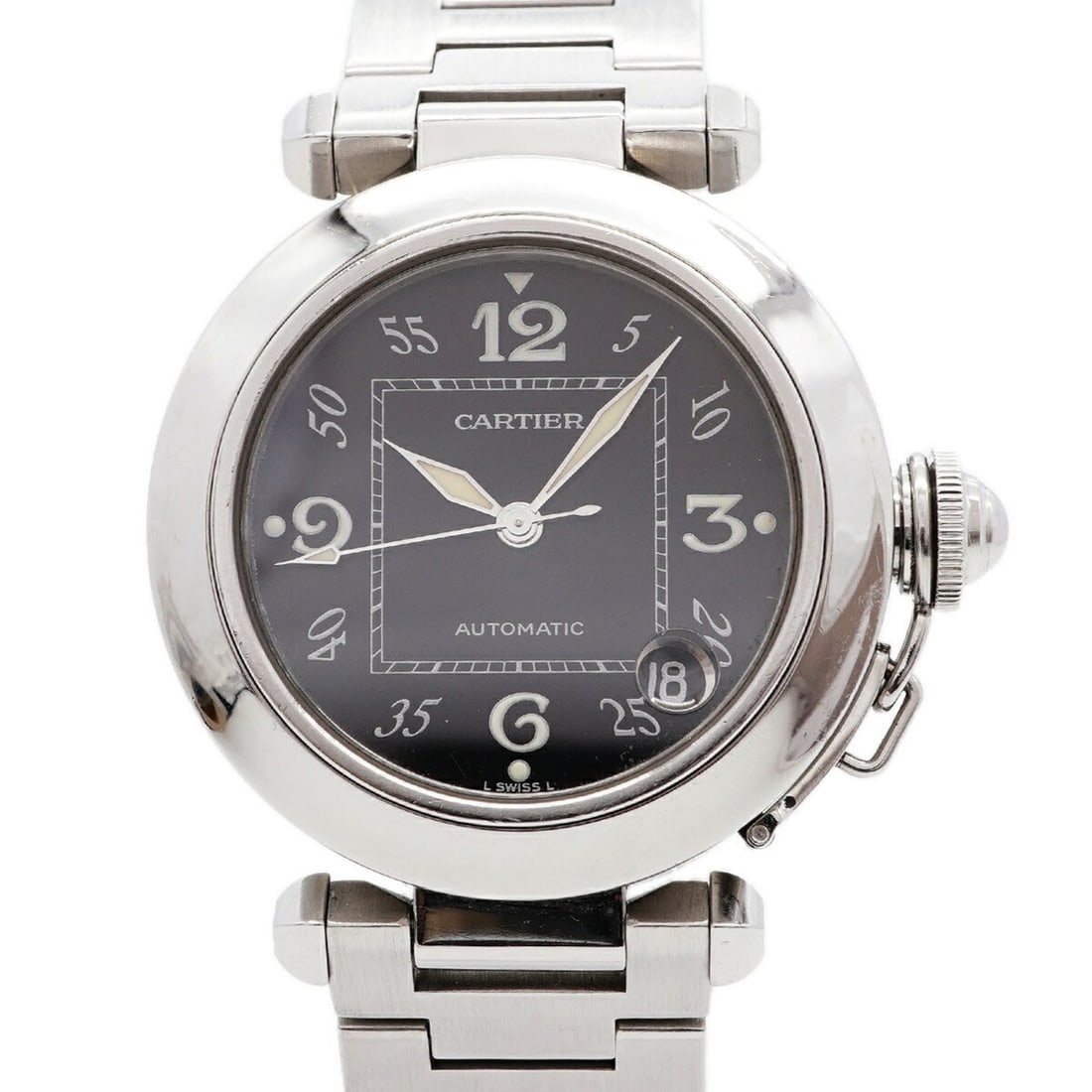 Cartier Pasha C W31043M7 Black Dial Men's Watch: --- Catalog ---Category: SizeWrist Size: 15.5cm / 6.1''Case Diameter: 35.3mm / 1.39''Category: DesignType: WristwatchGender: MenColor (Dial): BlackMaterial (Band): Stainless steelCategory: GeneralMPN: