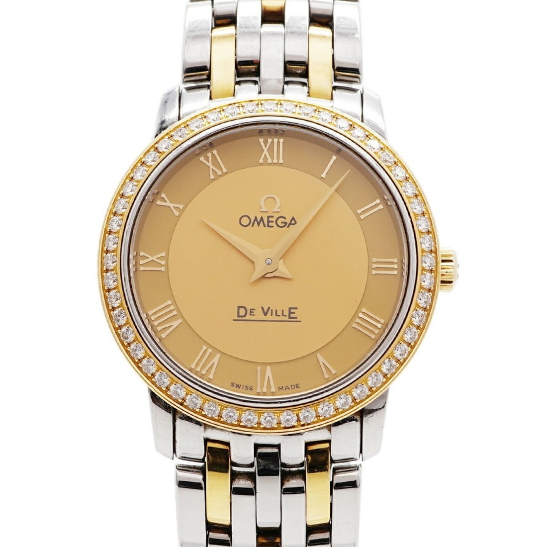 Omega De Ville Prestige Diamond Bezel 413.25.27.60.08.001 Gold Dial Women's Watch: --- Catalog ---Category: SizeWrist Size: 15cm / 5.9''Case Diameter: 27.4mm / 1.08''Category: DesignType: WristwatchGender: WomenColor (Dial): GoldMaterial (Band): Stainless steel, Yellow goldCategory: