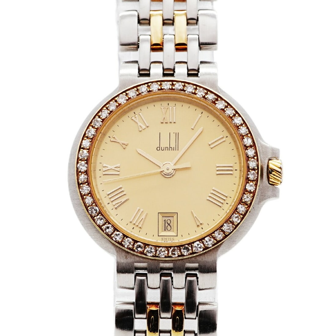Dunhill Elite Diamond Bezel 2-Row Gold Dial Watch for Women: --- Catalog ---Category: SizeWrist Size: 14cm / 5.51''Case Diameter: 26mm / 1.02''Category: DesignType: WristwatchGender: WomenColor (Dial): GoldMaterial (Band): Stainless steel, Yellow goldCategory: 