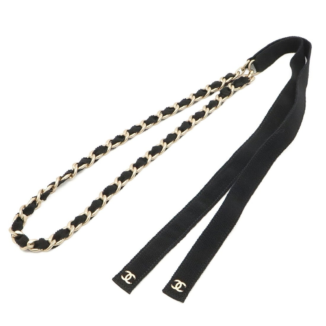 CHANEL Coco Mark Chain Belt, Grosgrain Ribbon, Black, Size S, G20C (1 of 11)