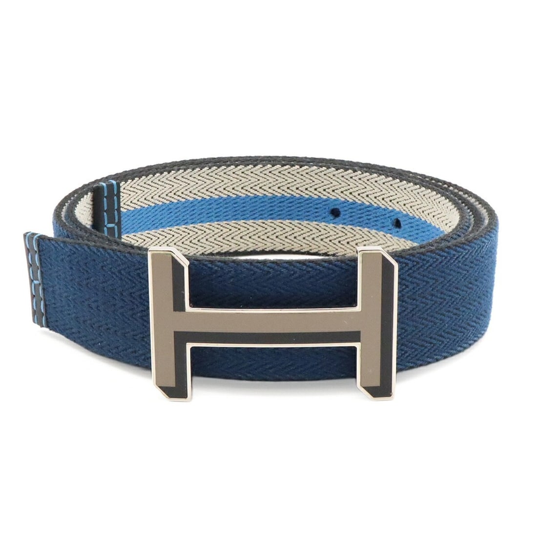 HERMES H-buckle reversible belt, striped canvas and leather, navy blue light gray, #90: --- Catalog ---Category: SizeLength: 85cm - 95cm / 33.46'' - 37.4''Category: DesignType: Standard beltColor: Blue, Light gray, NavyGender: Women,MenMaterial (Strap): Canvas , Leather Category: General
