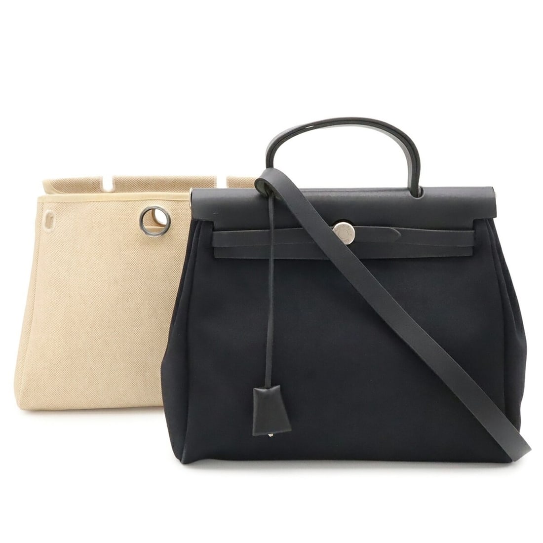 HERMES Herbag PM Handbag Shoulder Bag Toile Officier H Leather Black Natural ?D Stamp: --- Catalog ---Category: SizeSize (HxWxD): 26cm x 30.5cm x 10cm / 10.23'' x 12'' x 3.93''Category: DesignType: Handbag, Shoulder bagColor: Black, NaturalGender: WomenMaterial: Toile officier , Toile H