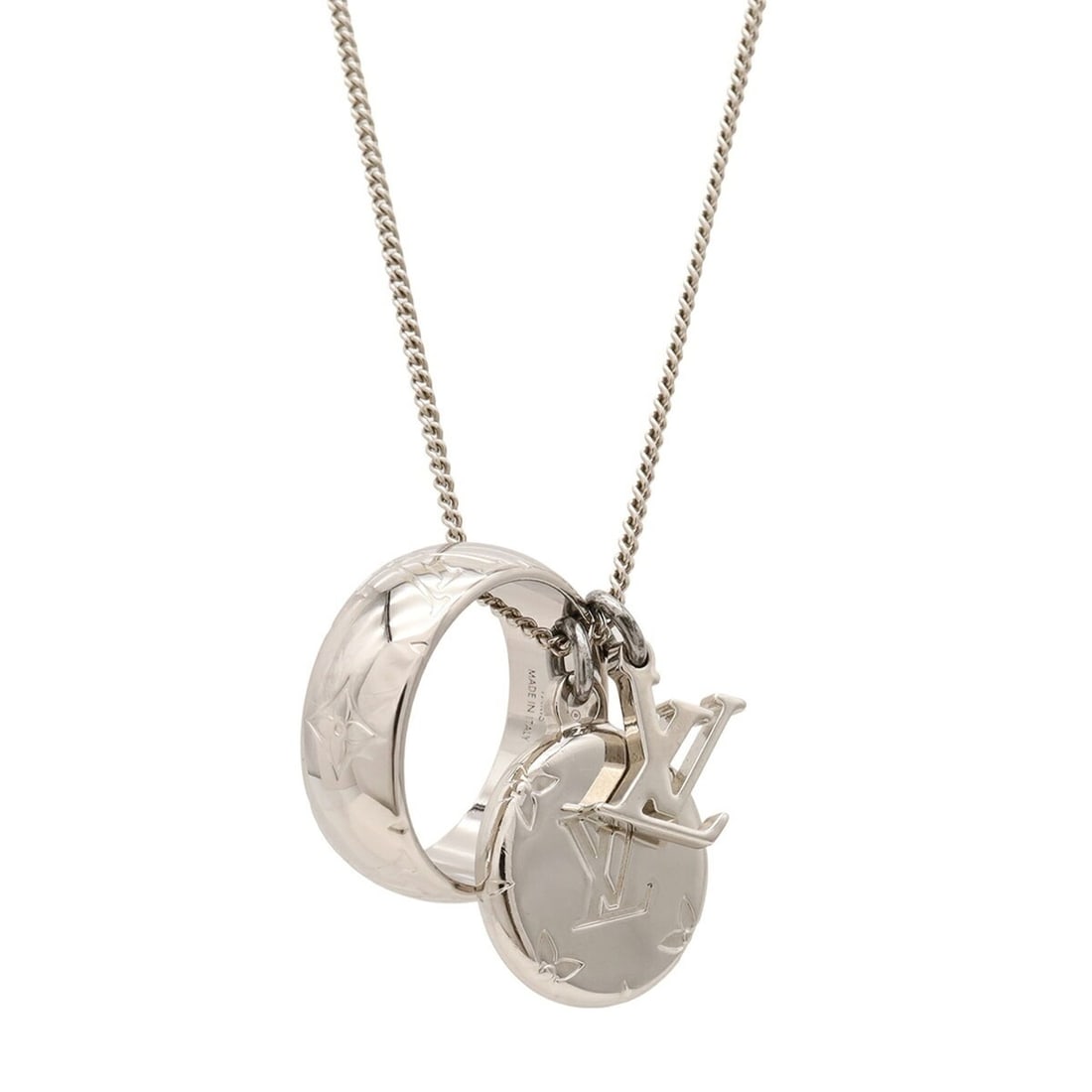 LOUIS VUITTON Louis Vuitton Monogram Ring Necklace Pendant Charm Metal Silver M Size M62485: --- Catalog ---Category: SizePendant Size: 17mm x 17mm / 0.66'' x 0.66''Neck Circumference: 60 cm / 23.62''Category: DesignColor: SilverGender: WomenMaterial: MetalNecklace Type: NecklaceCategory: Gen