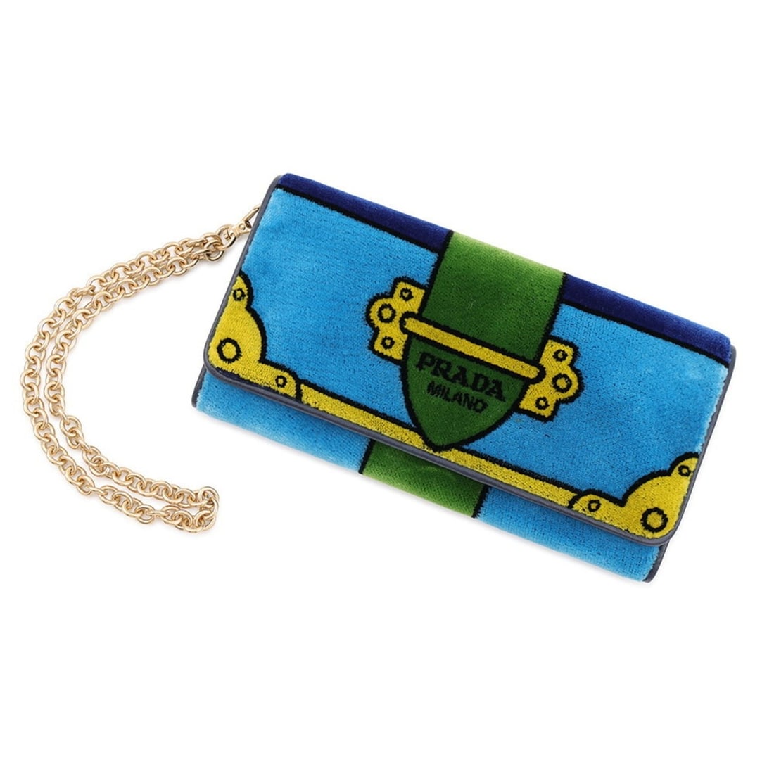 Prada long wallet, model 1MH019, PRADA handbag,: --- Catalog ---Category: SizeSize (HxWxD): 10cm x 18.5cm / 3.93'' x 7.28''Category: DesignType: Chain/Shoulder walletColor: Blue, Multi-colorGender: WomenMaterial: Leather Leather/Fur Type: VelourCate