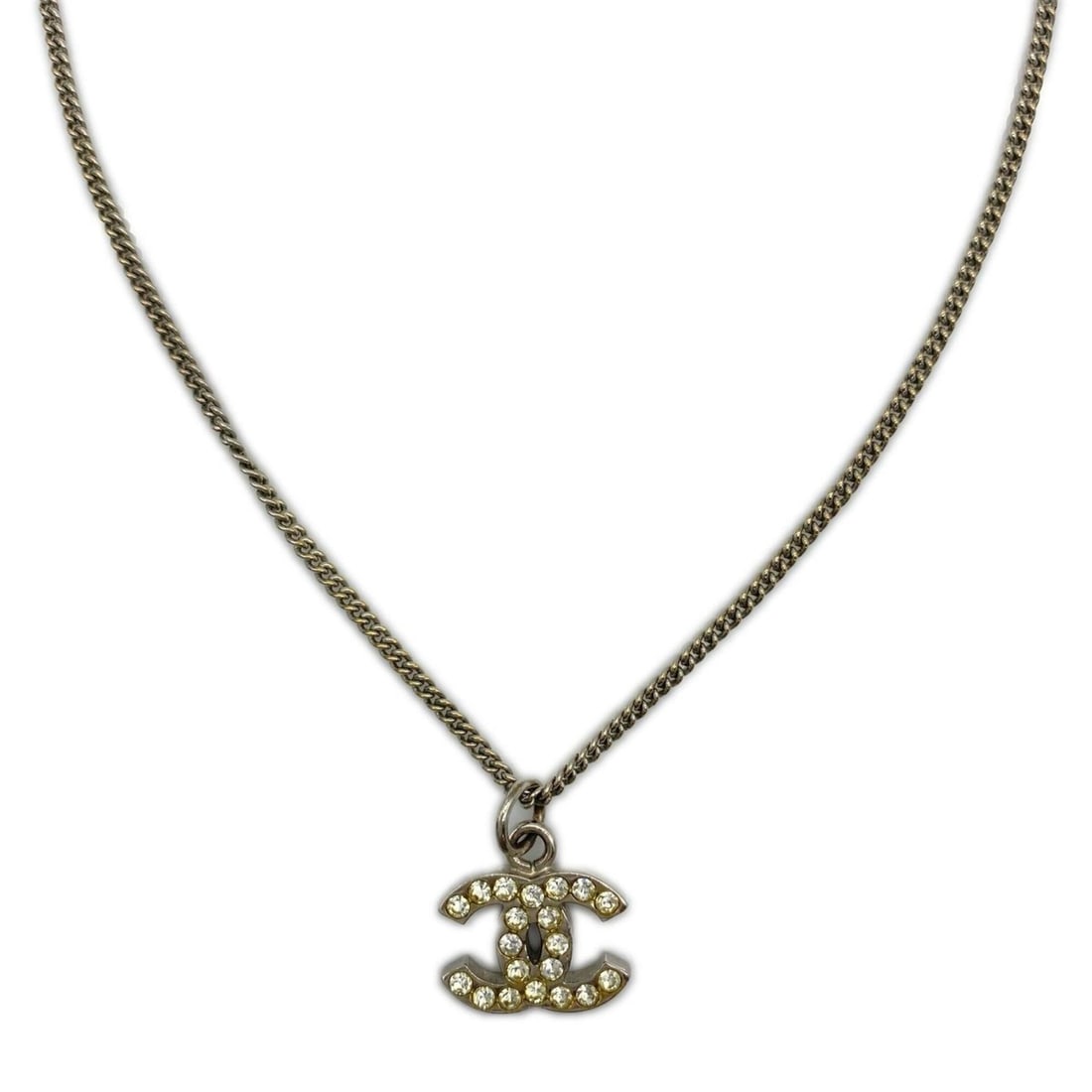 CHANEL Coco Mark Rhinestone Necklace B11V Silver SP Women's (1 of 14)