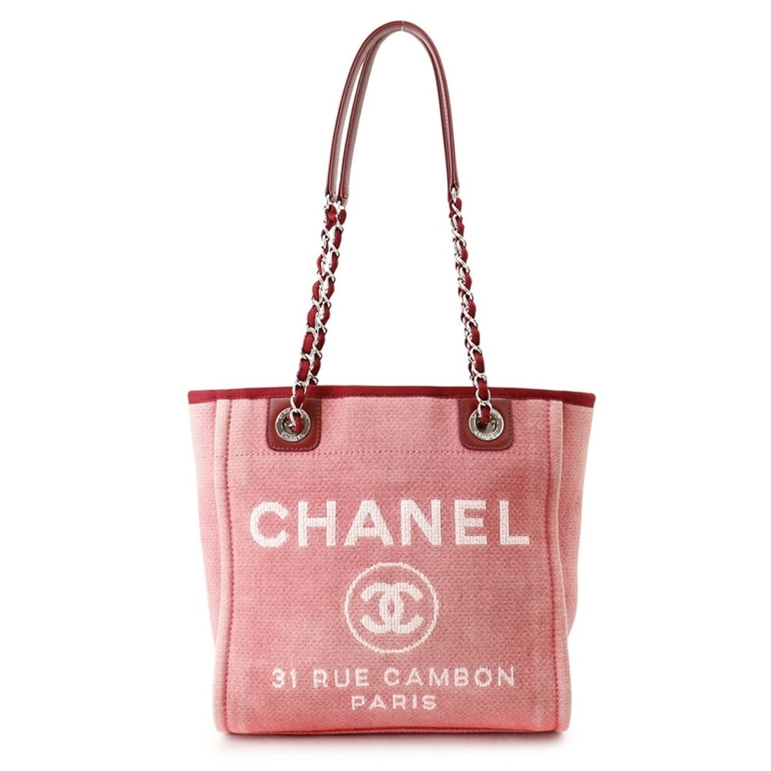 Chanel Deauville Line Tote PM Coco Mark Canvas Leather A66939 CHANEL Handbag Chain Women's: --- Catalog ---Category: SizeSize (HxWxD): 26.5cm x 25cm x 12cm / 10.43'' x 9.84'' x 4.72''Category: DesignType: Handbag, Tote bagColor: Pink redGender: WomenMaterial: Canvas , Leather Category: Gener