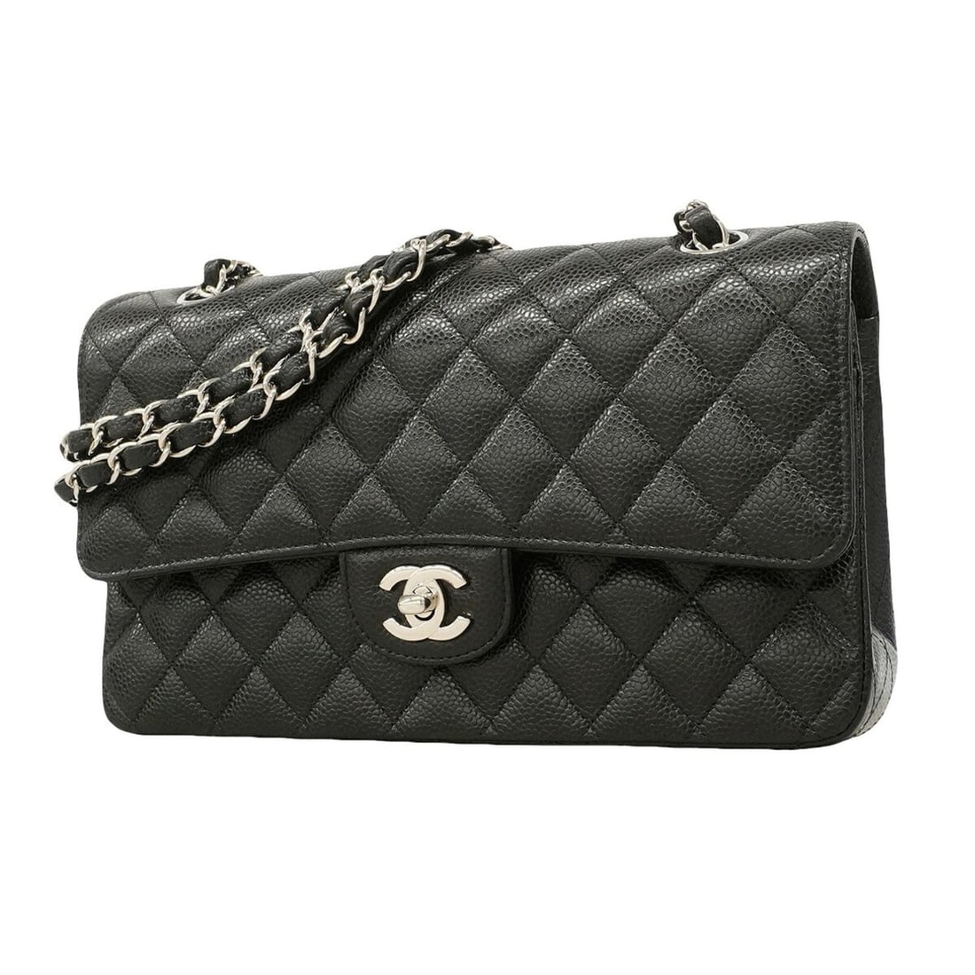Chanel Matelassé Shoulder Bag, Double Flap, Chain, Caviar Leather, Black, Women's, OP019458: --- Catalog ---Category: SizeSize (HxWxD): 17cm x 25.5cm x 6.5cm / 6.69'' x 10.03'' x 2.55''Category: DesignType: Shoulder bagColor: BlackGender: WomenMaterial: Grained Calfskin Hardware Color: Silver